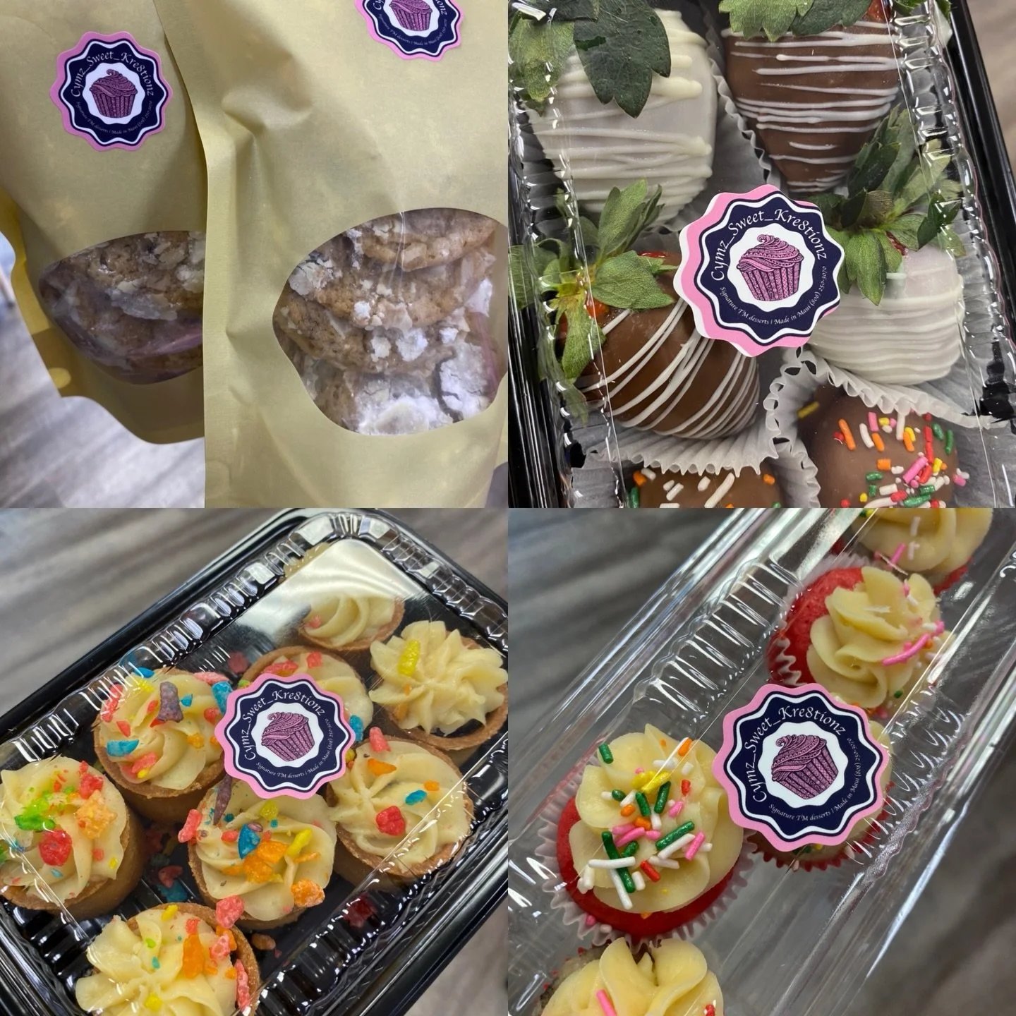 Got a sweet tooth? 🦷 

Cymz_Sweet_Kre8tionz offers Cupcake Sweeties, Chocolare covered strawberries, Da Hawaiian tartlets, Kookeez, Cakes, and Parfait Cups. 

Don't know about us? Ask somebody! Reach out for all your party needs. 

#cymz_sweet_kre8t