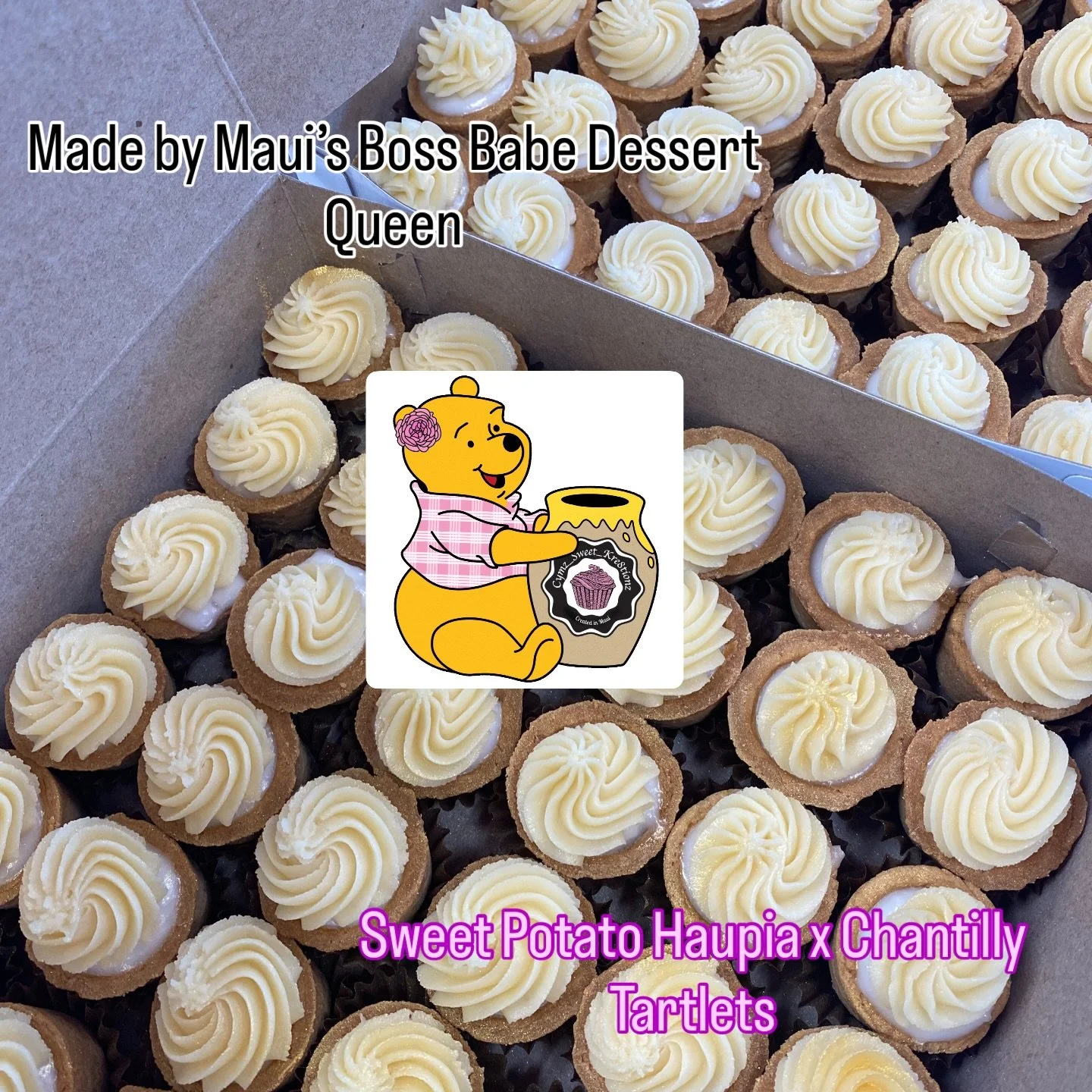 Local sweet potato steamed, cleaned and mixed into our special sweet concoction, baked into our made in house shortbread tarts from scratch. 

Then layered with a beautiful silky smooth rich Haupia layer made in house from scratch also, then to top i