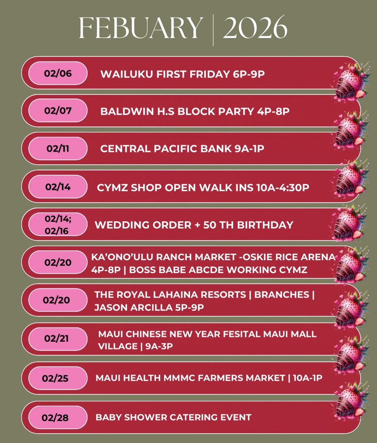 ✨ February Event Calendar is HERE! ✨

Love is in the air and so are the sweets 💕
We&rsquo;re popping up all month long with your favorite handcrafted desserts, made with love and a whole lot of boss babe energy.

From markets to special events, Febr