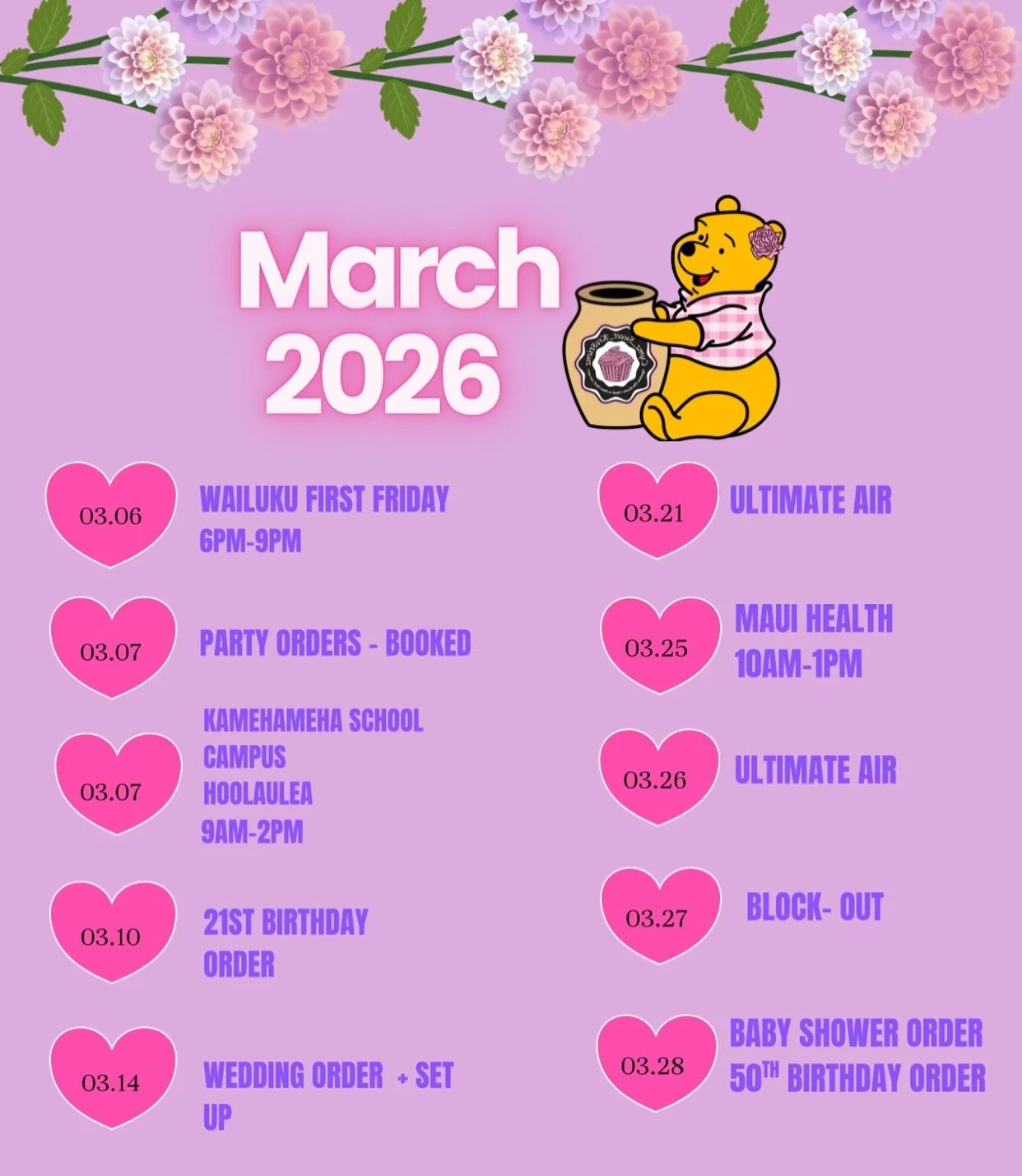 🌸✨ SPRING UPDATE ✨🌸

💖March calendar is officially FULLY BOOKED 💗

We are beyond grateful for every order and all the love you continue to show Cymz Sweet Kre8tionz. Thank you for keeping this boss babe busy 🌷

We look forward to seeing you at o