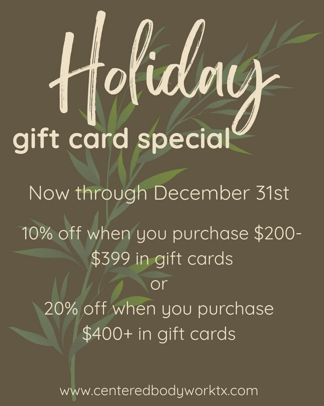 Give the gift of self care this holiday season with bodywork gift cards! 

From now through December 31st get 10% off a gift card purchase of $200-$399, or 20% off a gift card purchase of $400+.

Gift them to a loved one or keep them for yourself, ei
