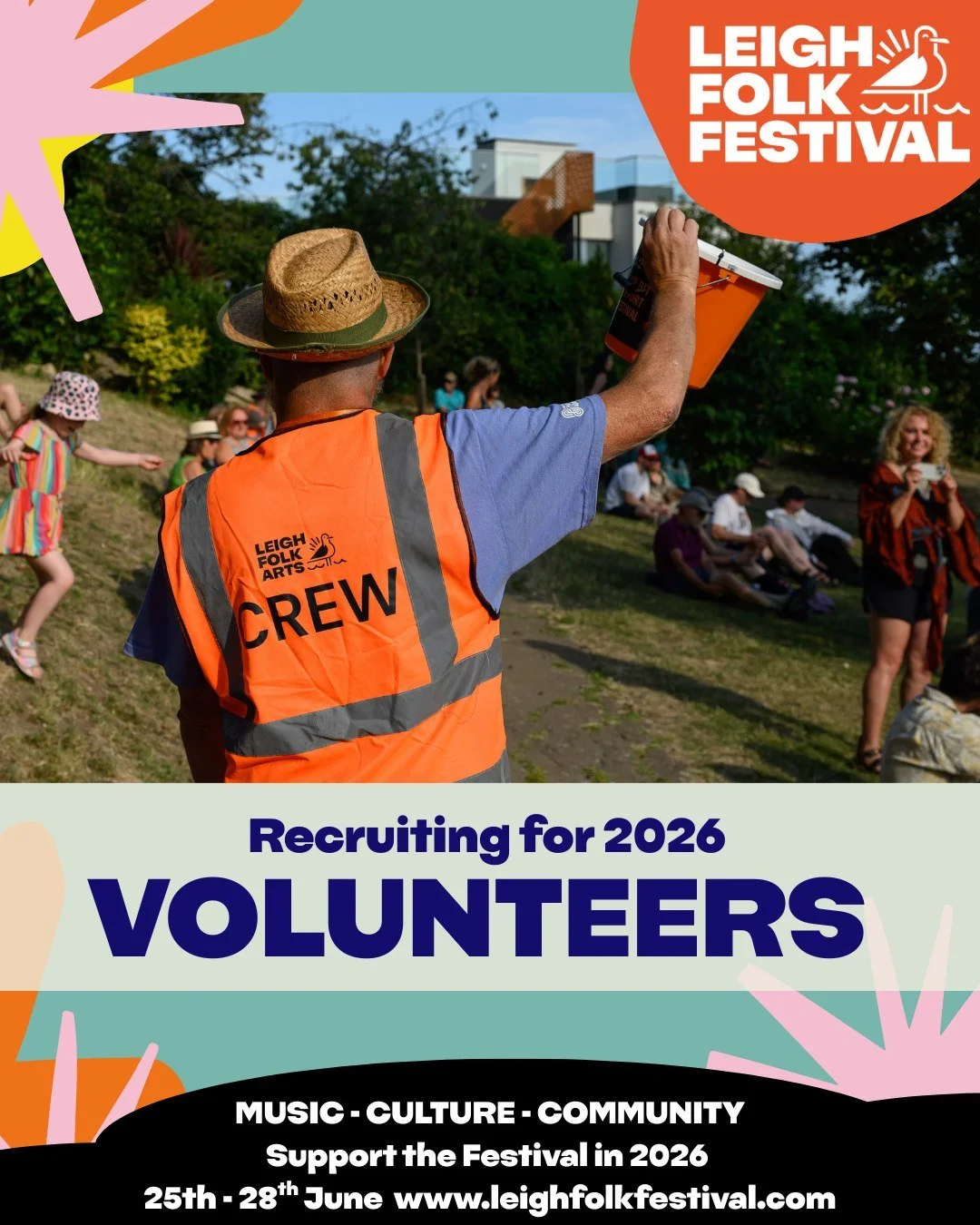 WE NEED YOU!
Leigh Folk Festival 2026 is officially happening between 25th -28th June and our volunteer applications are now OPEN! 
We&rsquo;re looking for volunteers to help with everything from site crew to shaking a bucket for collections. Includi