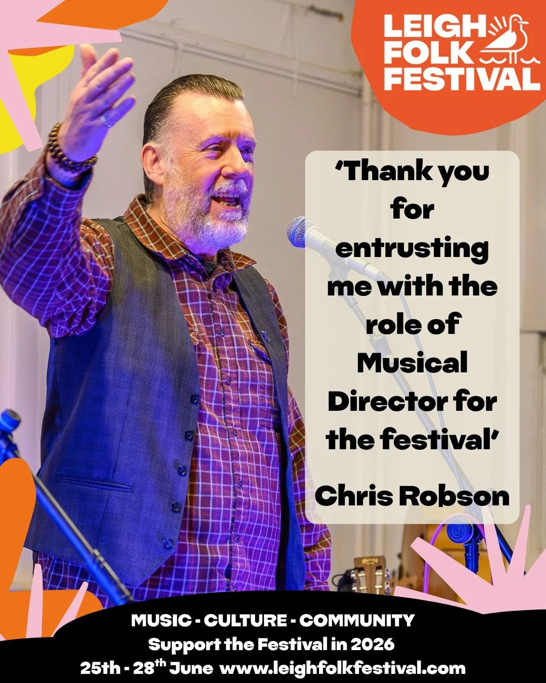 MEET THE TEAM: INTRODUCING OUR NEW MUSICAL DIRECTOR
We are absolutely delighted to officially introduce the creative lead steering the sound of 2026: Chris Robson has stepped into the role of Musical Director for the Leigh Folk Festival!

While Chris