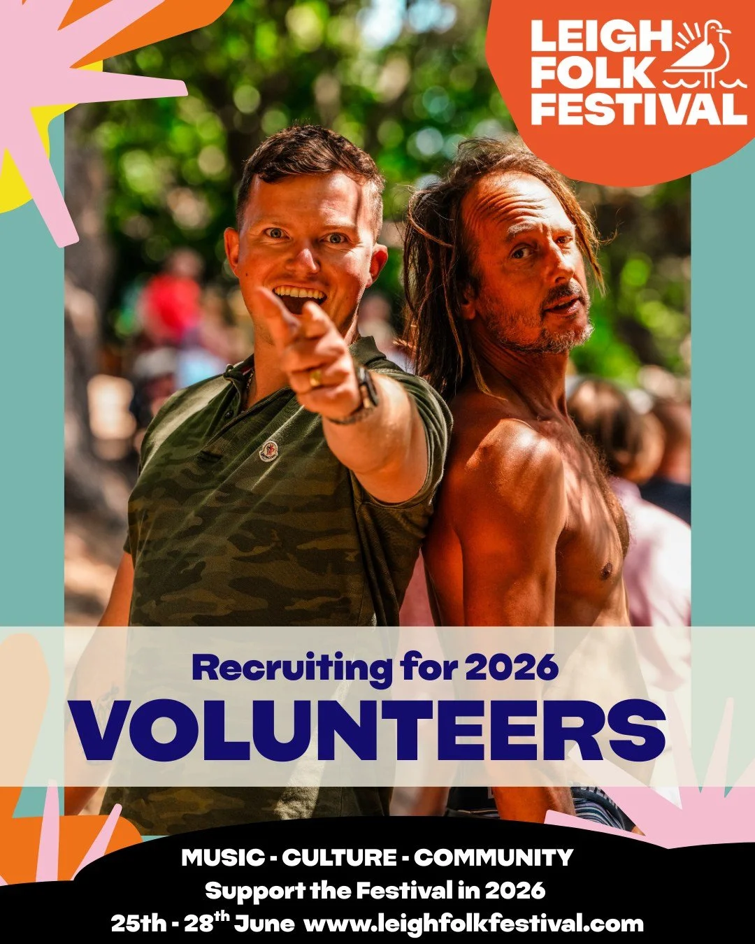WE NEED YOU!
Leigh Folk Festival 2026 is officially happening between 25th -28th June and our volunteer applications are now OPEN! 

We&rsquo;re looking for volunteers to help with everything from site crew to shaking a bucket for collections. Includ
