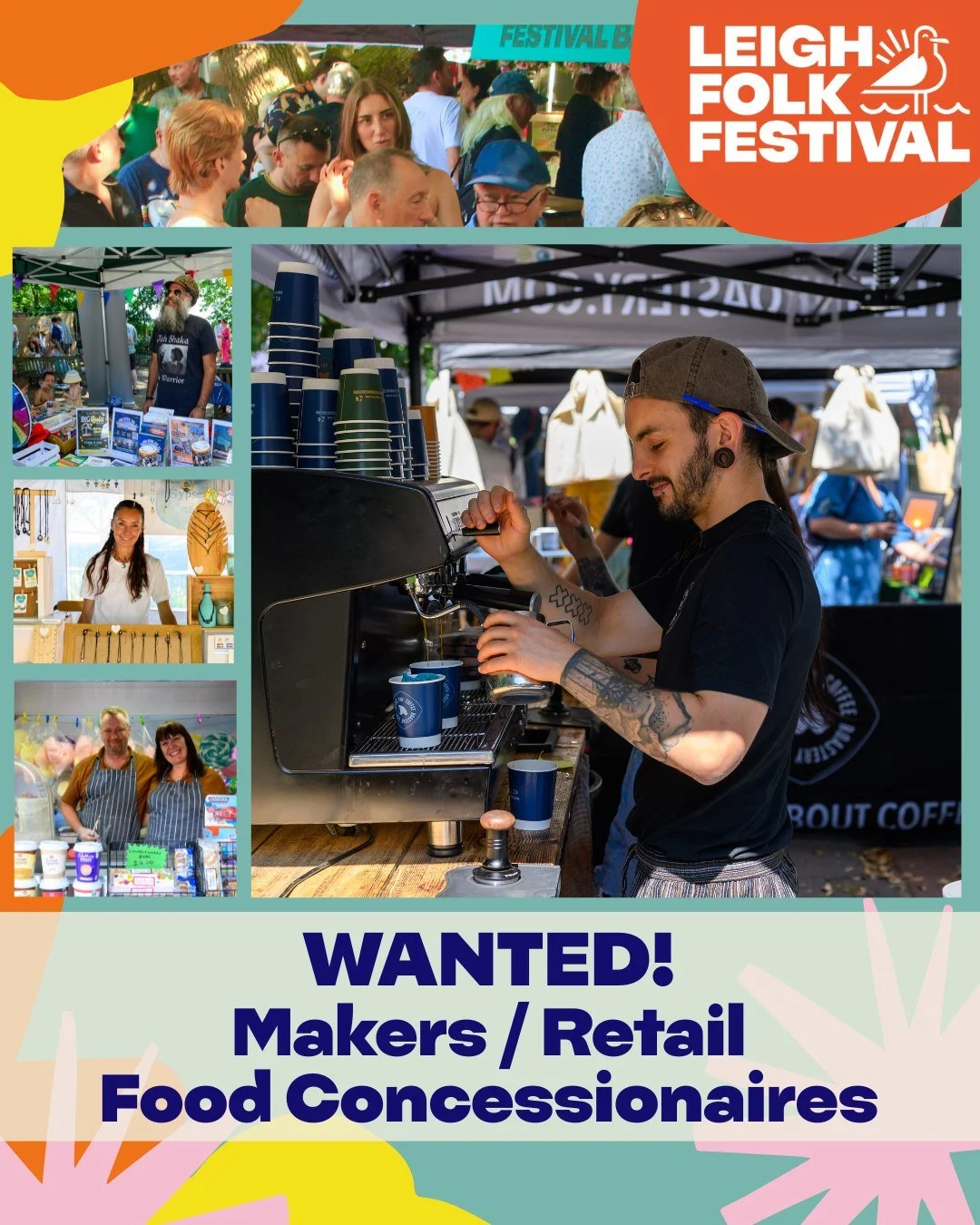 APPLICATIONS OPEN: STALLHOLDERS &amp; CATERERS | LEIGH FOLK FESTIVAL 2026
We are pleased to announce that applications are now being invited for Makers, Retailers, and Food Concessionaires for the 2026 Leigh Folk Festival.
Taking place across Leigh-o