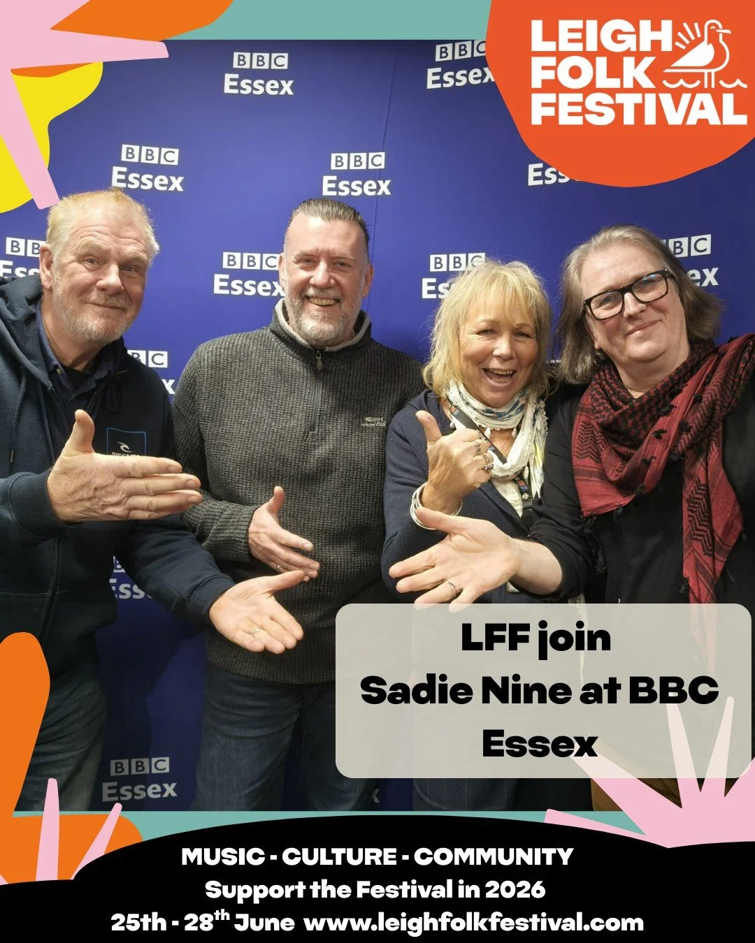 In case you missed the live show, you can now catch Chris Robson and Steven Hastings joined Sadie Nine and Al Cooper-Nine on BBC Essex to chat all things Leigh Folk Festival in 2026!

Streaming now on BBC Sounds and tune into Sadie every Saturday and