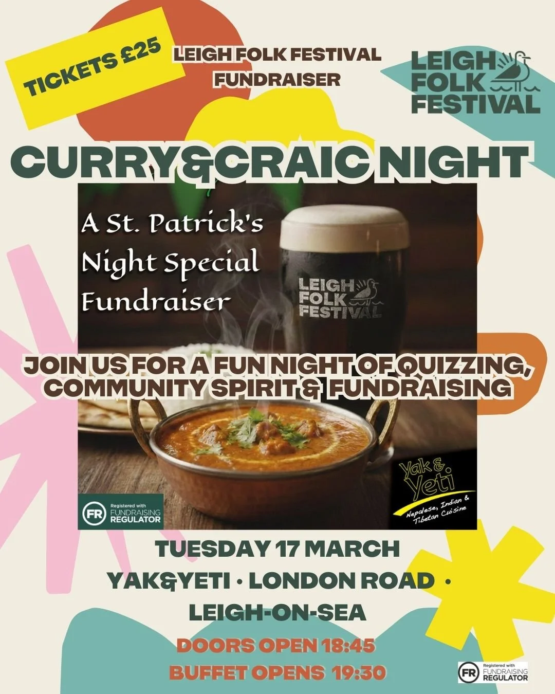 🍛 Curry &amp; Craic Fundraiser 🍀
A St. Patrick&rsquo;s Night Special for Leigh Folk Festival

Join us for Nepalese &amp; Irish flavors, live Irish tunes, games &amp; prizes&mdash;all to support the Leigh Folk Arts Association.

📍 Yak &amp; Yeti, L