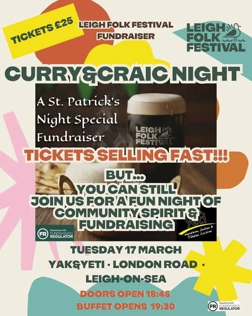 TONIGHT - but you can still join us! 

🍀Curry &amp; Craic Fundraiser
A St. Patrick&rsquo;s Night Special for Leigh Folk Festival
📍 Yak &amp; Yeti
📅 Tuesday 17th March | Doors 6:45 PM | Buffet 7:30 PM
An evening of great food, Irish tunes, games &a