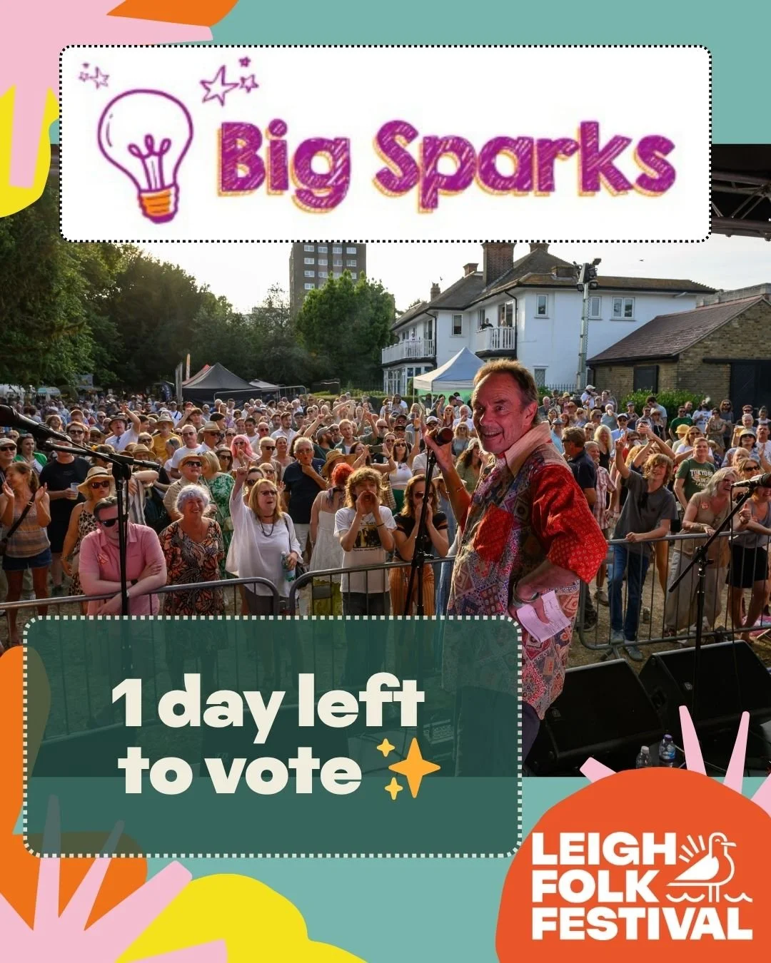 VOTING CLOSES 1st APRIL!

WHAT IS IT? Big Sparks is a community fund where local people choose which projects get supported. 

WHAT DOES IT MEAN AT THE FOLK FESTIVAL?  Our proposed ACCESS FOR ALL plan will make Leigh Folk Festival easier to navigate 