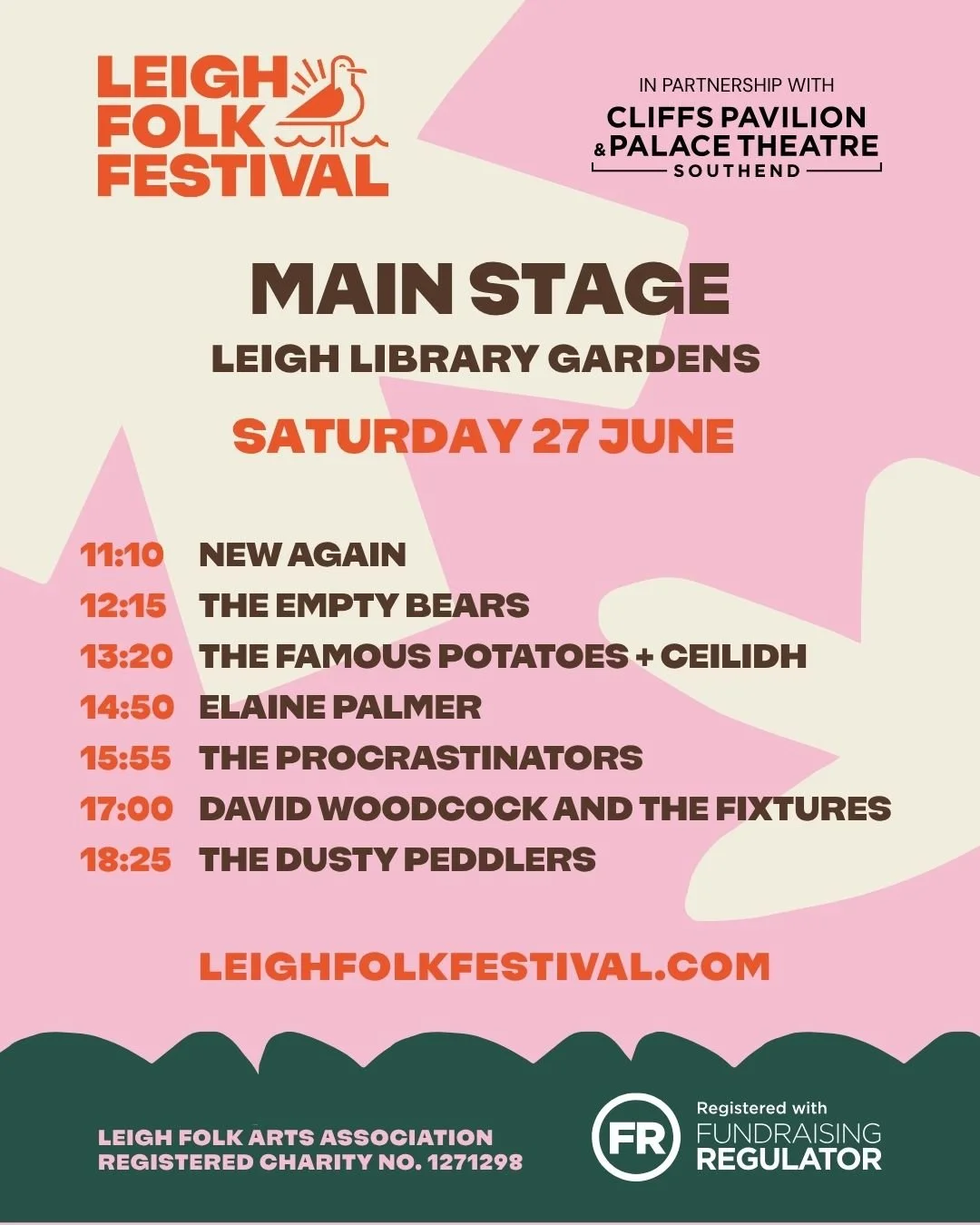 Leigh Folk Festival 2026 presents Main Stage! 🎶

🌳 Join us for a full weekend of incredible live music!

An unforgettable line-up awaits, featuring everything from folk-inspired classics to high-energy ceilidh sessions.

🍻 Bars and food stalls - g