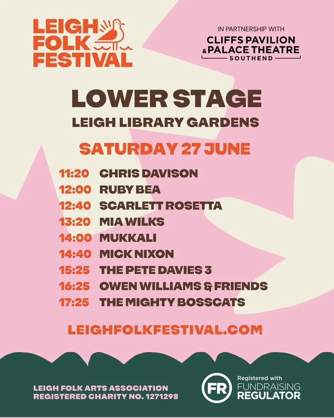 Leigh Folk Festival 2026 presents Lower Stage 🎶

🌿 Settle in for a weekend packed with an incredible mix of live music, good vibes, and festival spirit.

🍻 Grab a drink, enjoy some amazing food, and soak up the community feel while the music plays