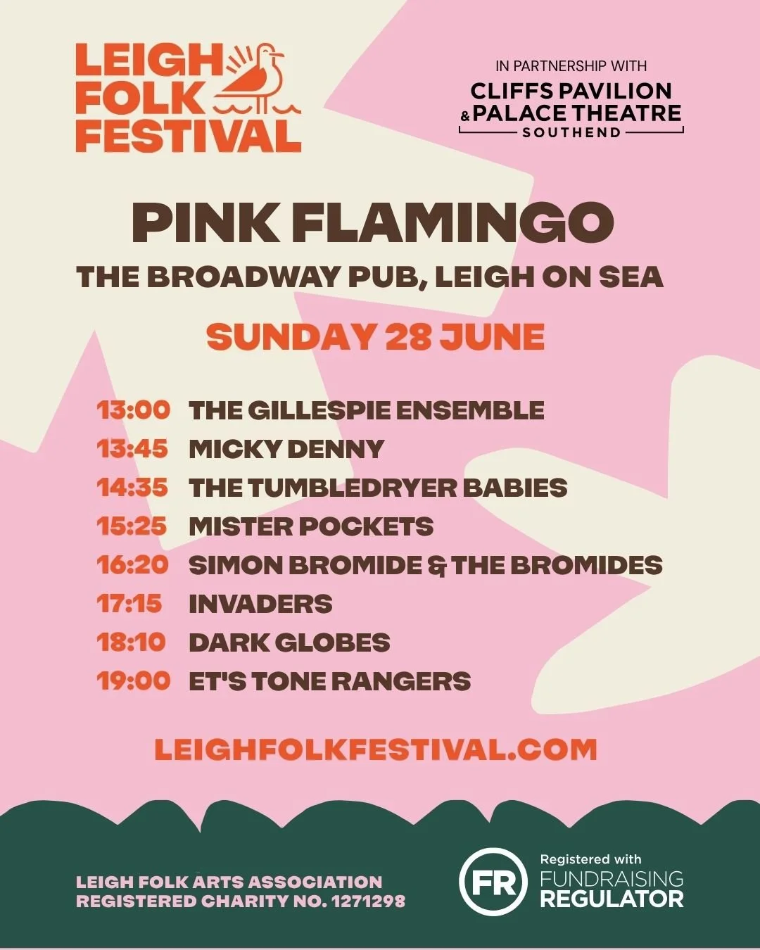 🎸🎶✨🎤 Leigh Folk Festival 2026 proudly presents... 🥁 drum roll...

🦩 Pink Flamingo 🦩

Join us for what promises to be a fantastic afternoon of live music, featuring an eclectic blend of genres and sounds. Expect everything from rocking electric 