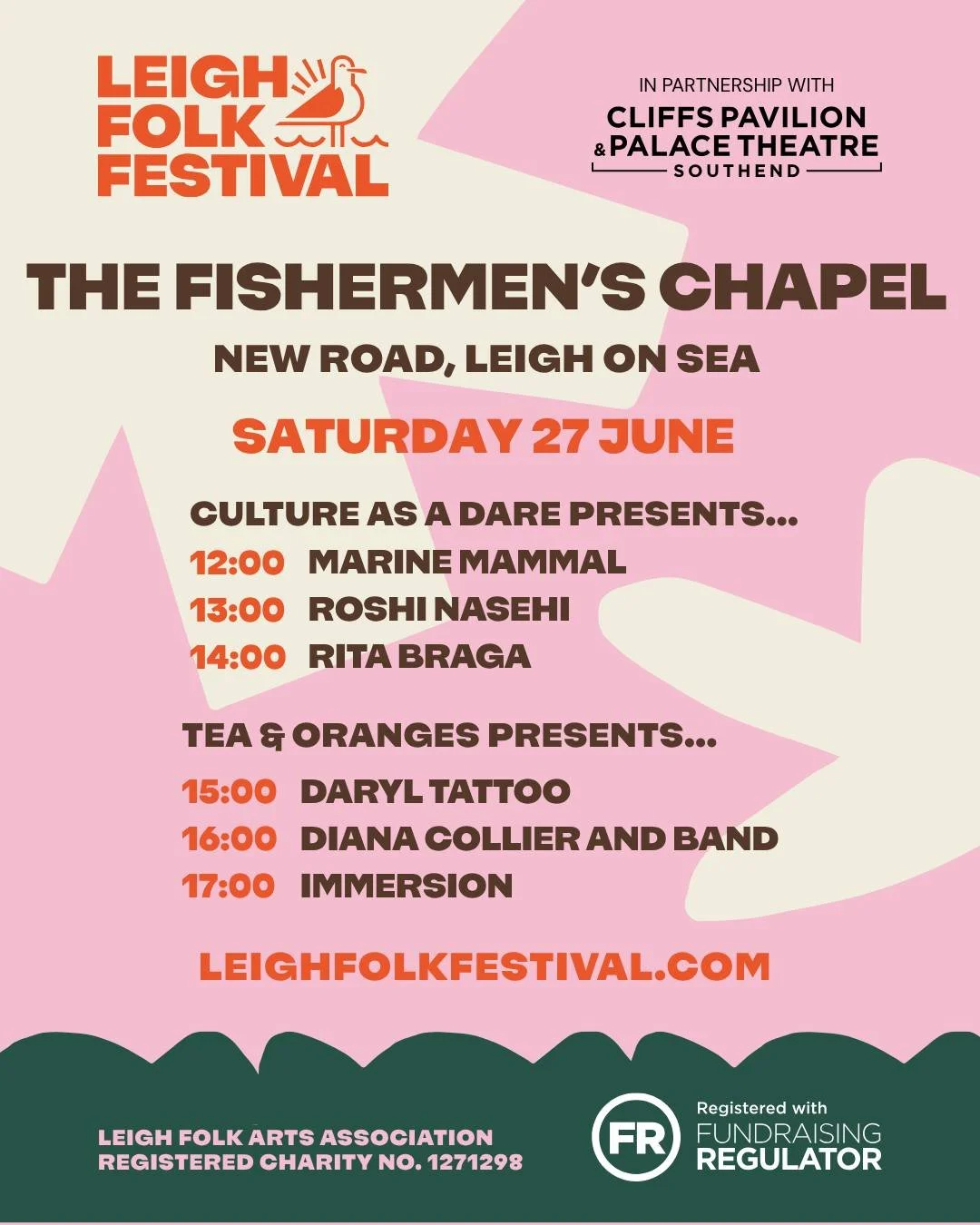 🎶 Fishermen's Chapel at Leigh Folk Festival 🎶
Join us on Saturday 27 June for a fantastic afternoon of live music in the beautiful setting of the Fishermen's Chapel.

Line-up:
🕛 12:00 &ndash; Marine Mammal
🕐 13:00 &ndash; Roshi Nasehi
🕑 14:00 &n