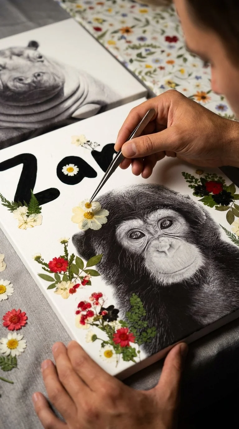 An artist adding pressed flowers to a black-and-white drawing of a chimpanzee's face, with the word 'Love' written in large black letters decorated with flowers.