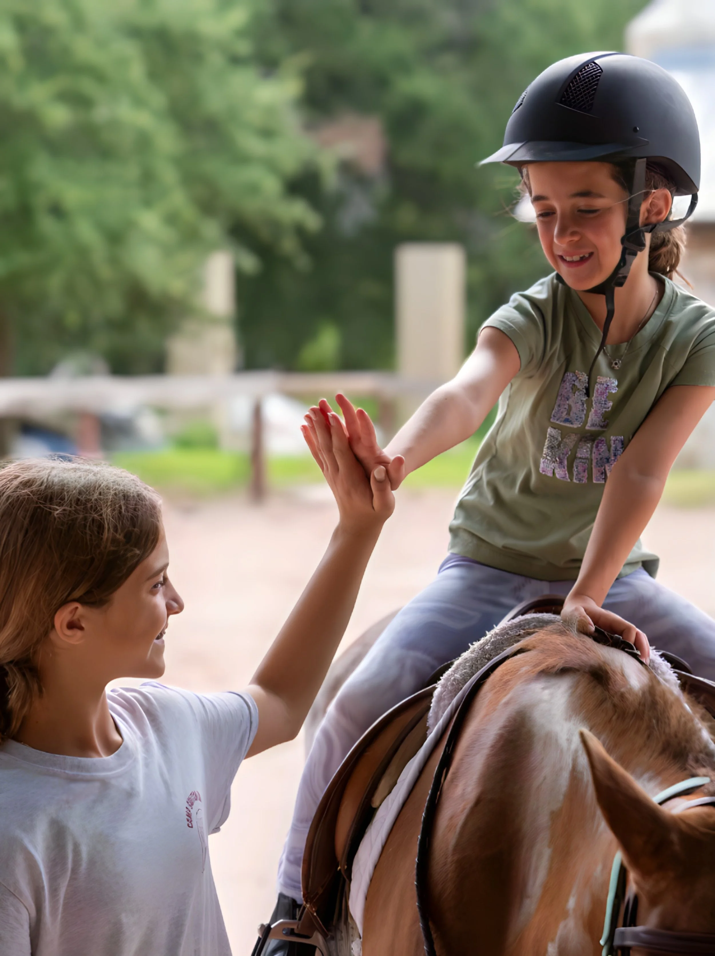 Two children, one riding a horse and the other giving a high five, outdoors in a park with green trees in the background.