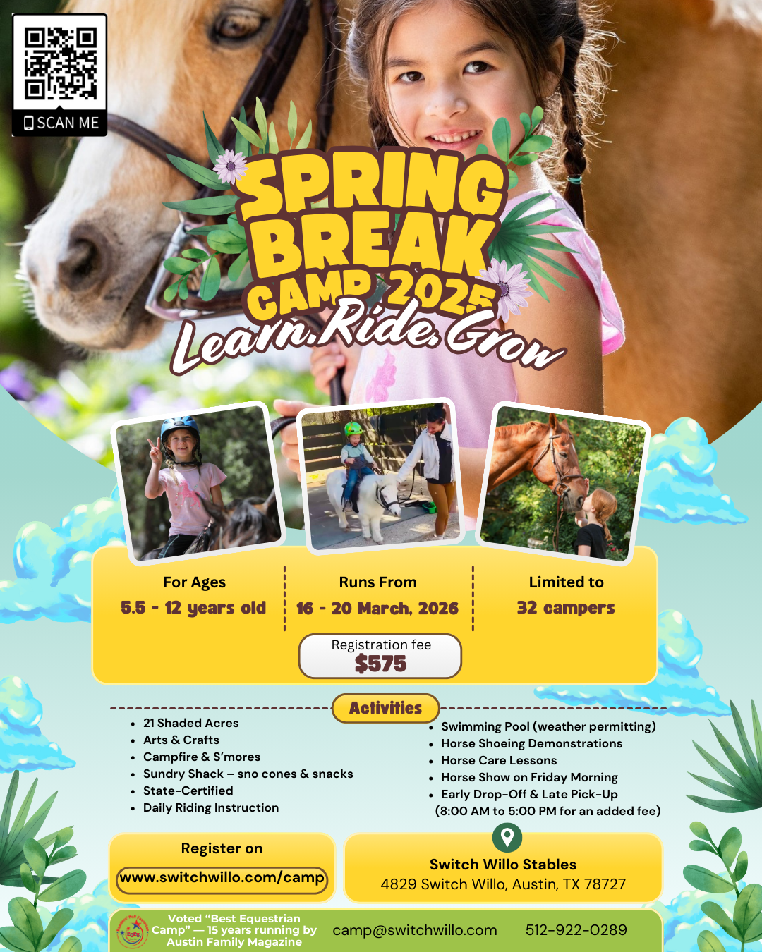 Colorful flyer for Spring Break Camp 2023 with images of children riding horses and a horse close-up. Includes details about activities, age range, dates, location, registration fee, and contact information.