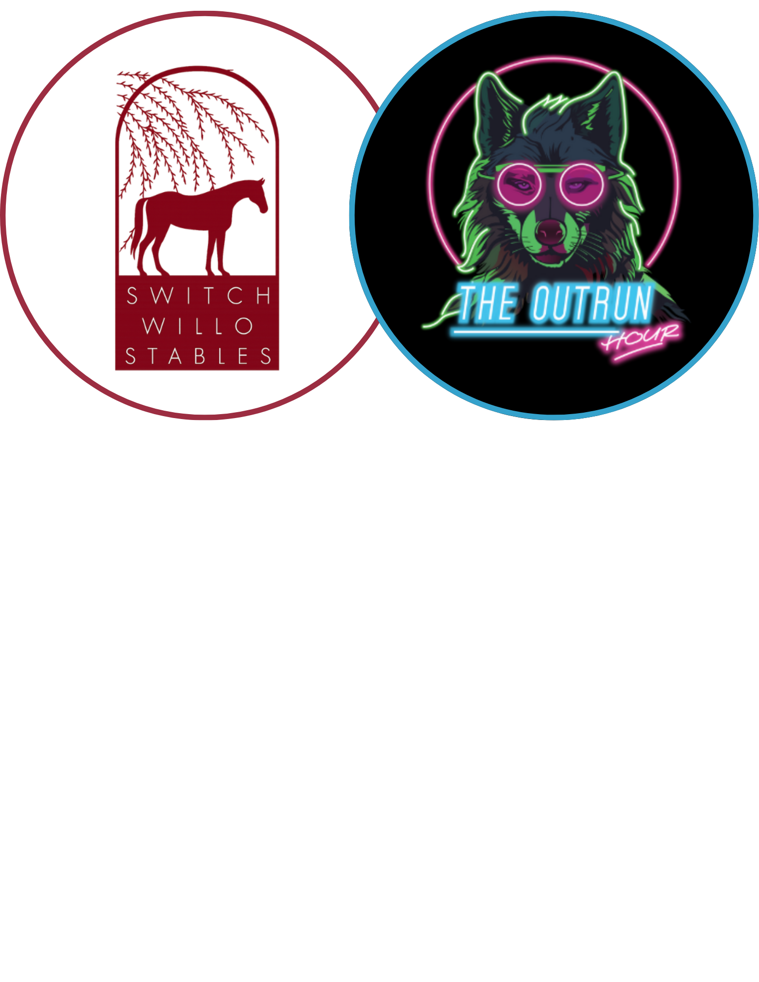 Two logos: one with a silhouette of a horse under a tree with red colors, and one with a stylized wolf wearing glasses with neon colors and the text 'The Outrun Hour'.
