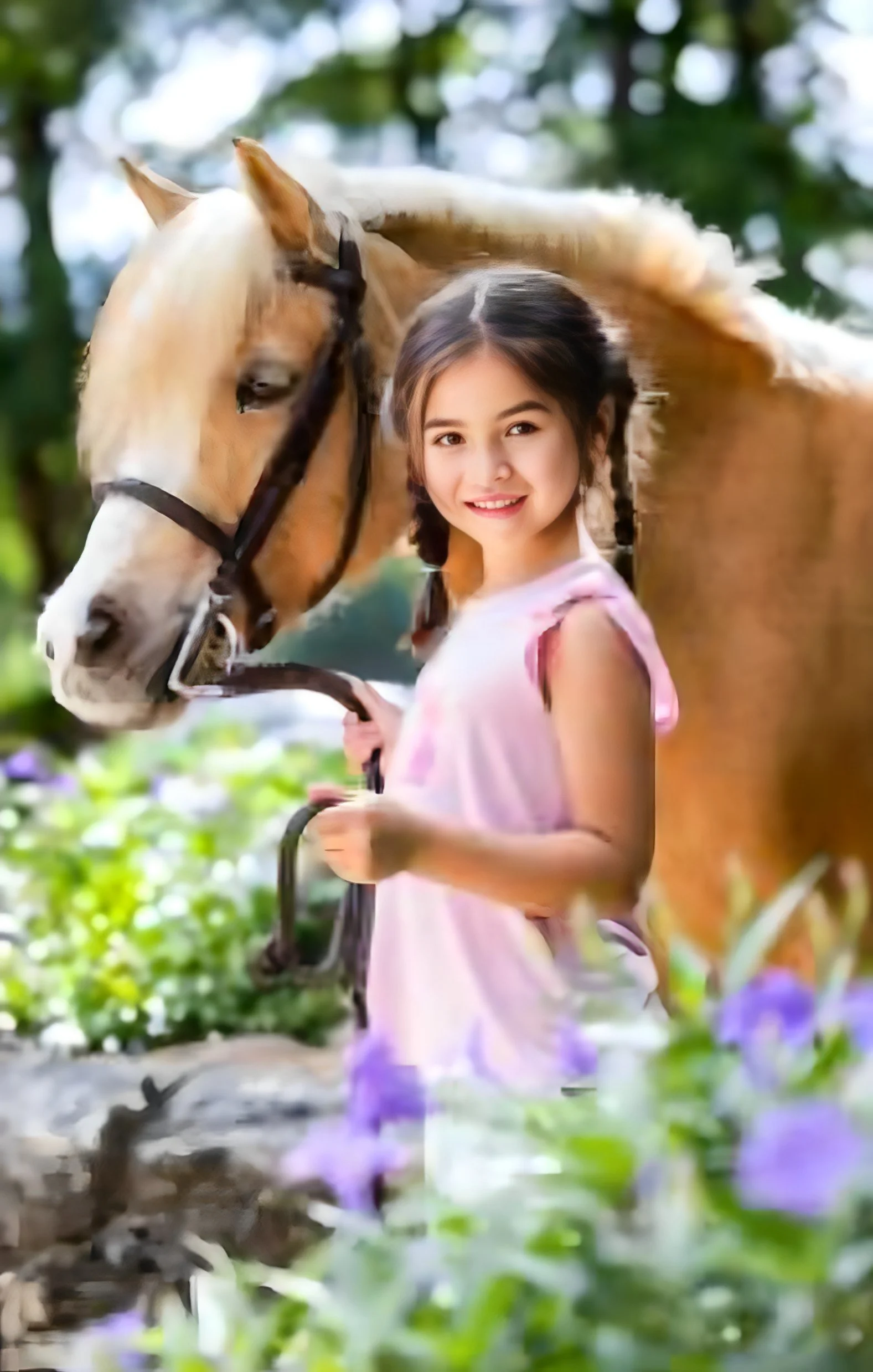 A young girl with dark hair in braids, wearing a pink dress, smiling and holding the reins of a light brown horse with a white face and dark mane, standing outdoors with greenery and purple flowers in the background.