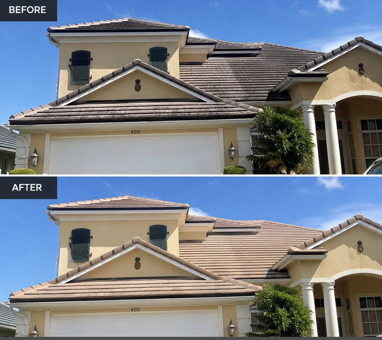 Before and after tile roof cleaning in Brevard County Florida