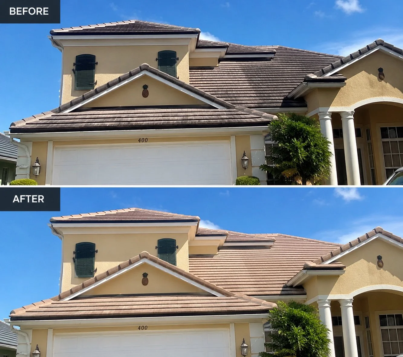 Tile roof before and after professional roof cleaning by Tidal Wave Pressure Cleaning in Brevard County, Florida