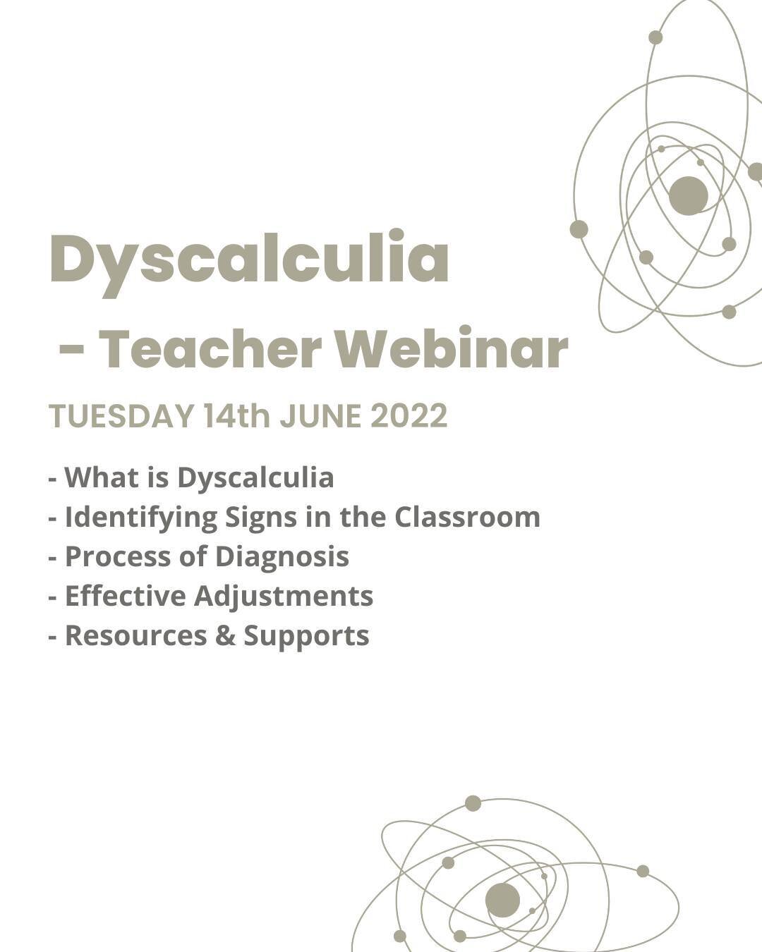 Dyscalculia - Teacher Webinar Package $53.99
Launches 14th June - buy tickets today! 

Packages includes:
- Unlimited and Immediate Access to Webinar Recording
- Printable Presentation Slides
- Dyscalculia Effective Adjustments and Accommodations eBo