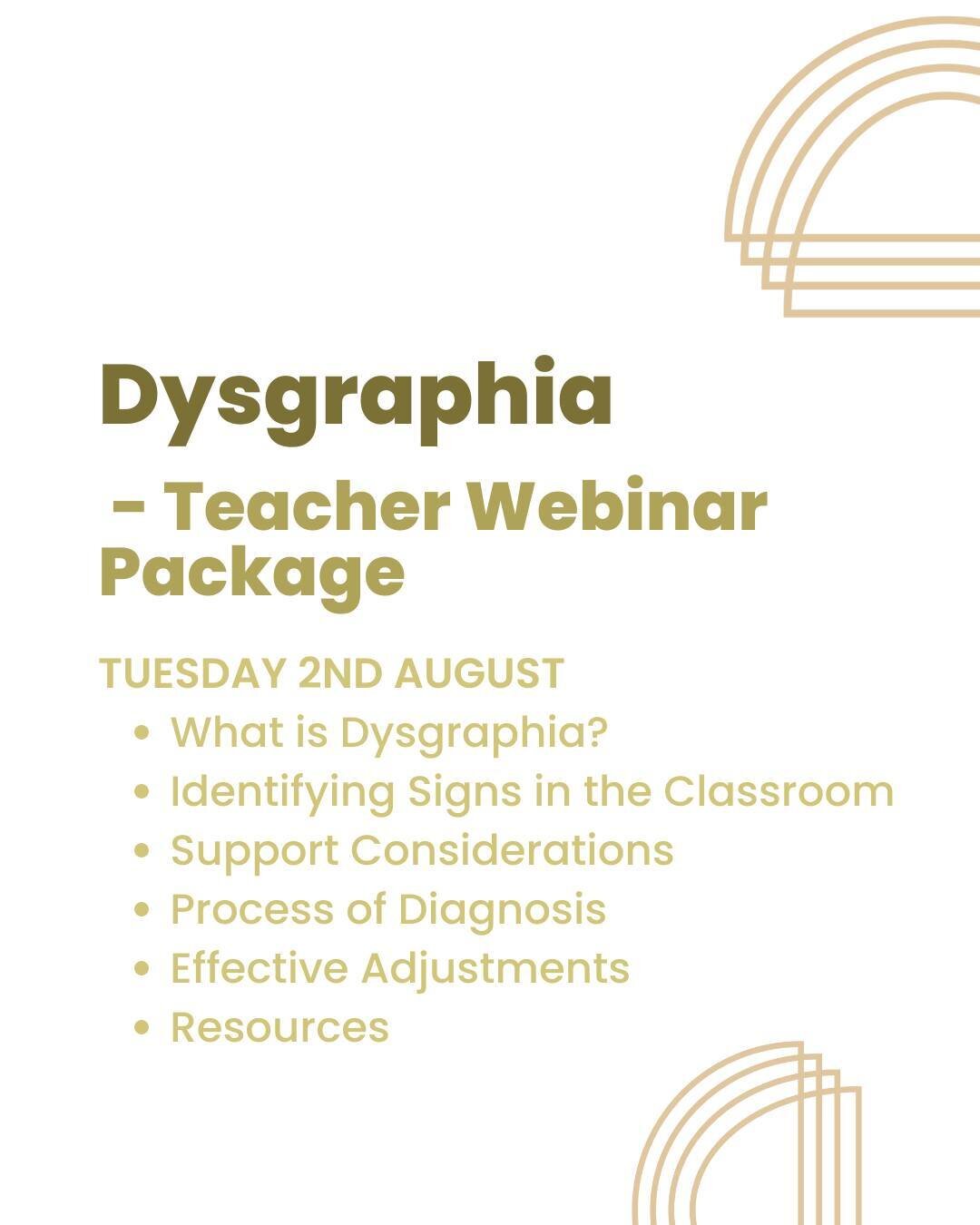 Dysgraphia - Teacher Webinar Package $53.99

Packages includes:
- Unlimited and Immediate Access to 1.5 Hour Webinar Recording
- Printable Presentation Slides
- Processing Disorders Effective Adjustments and Accommodations eBook
- Certificate of Atte