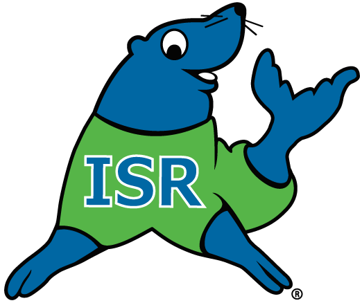ISR logo. Cartoon blue seal wearing a green shirt with 'ISR' written on it, smiling and waving.