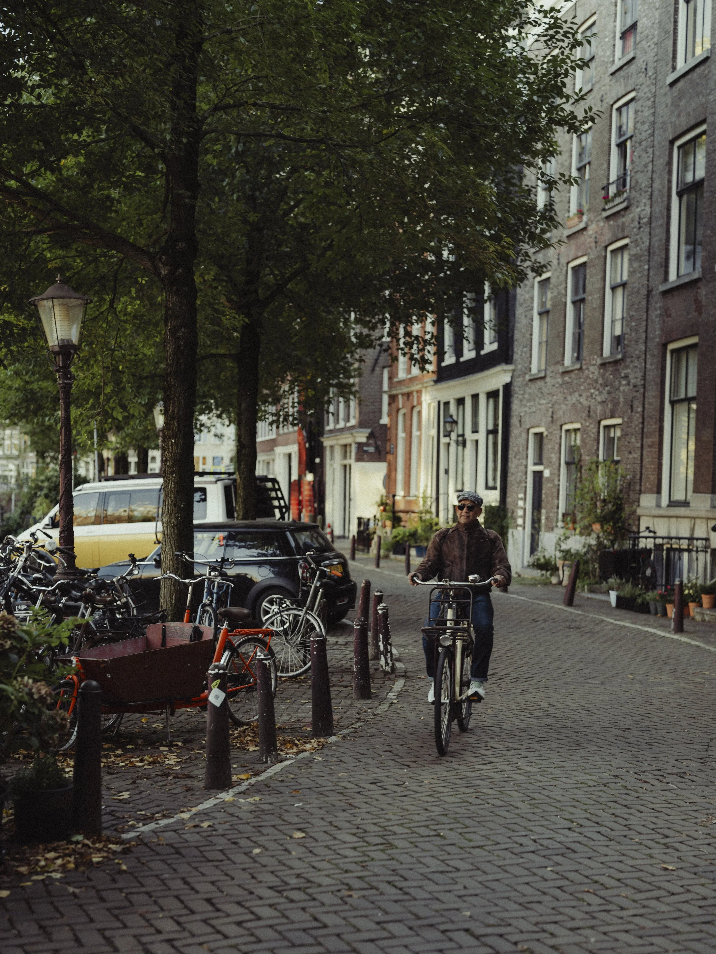 Person riding a bicycle on a cobblestone sidewalk in an urban neighborhood, with parked cars, bicycles, trees, and residential buildings.