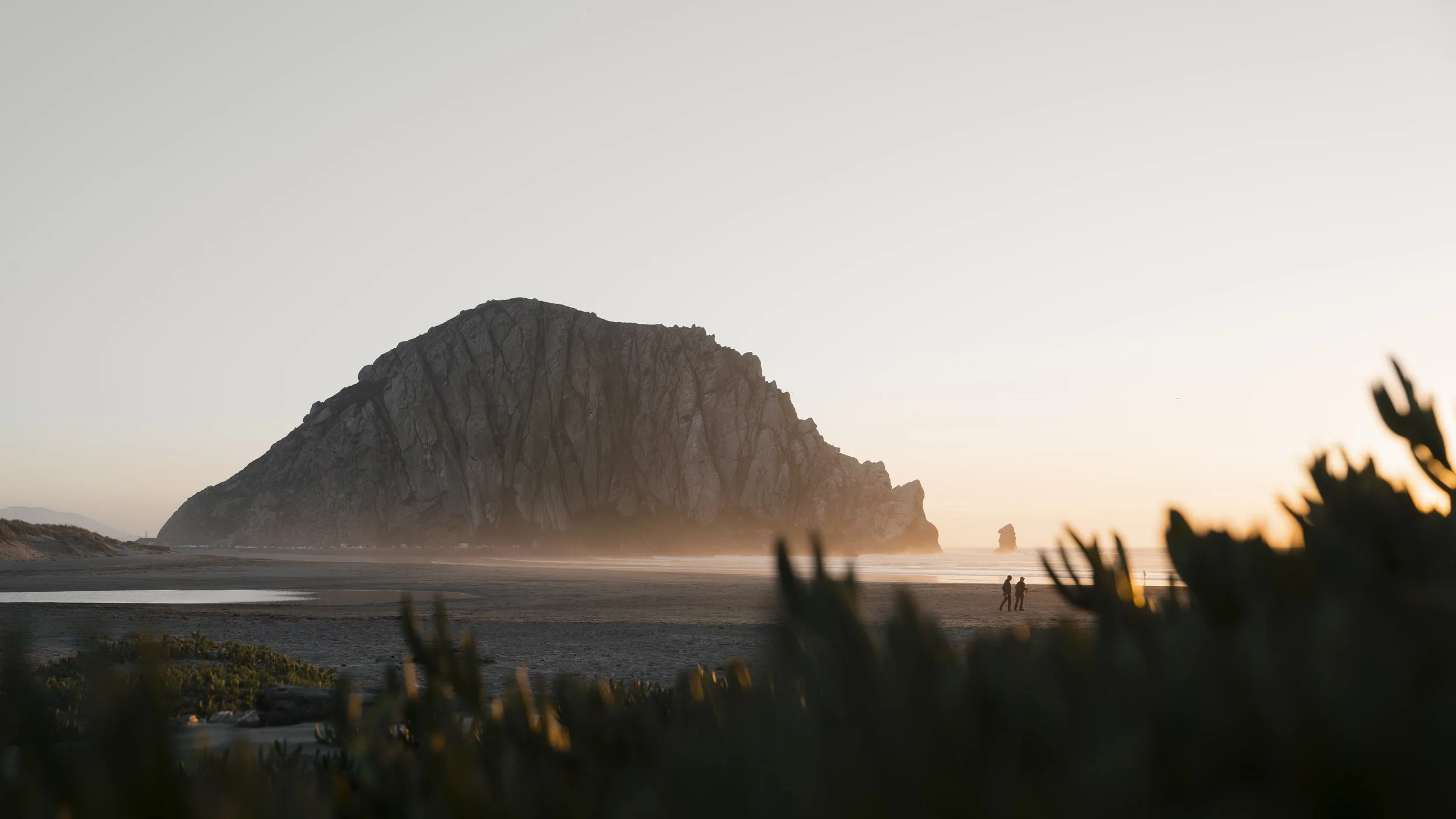 A large rocky hill or small mountain near the ocean at sunset. Two people are walking along the beach in the distance, with plants in the foreground.