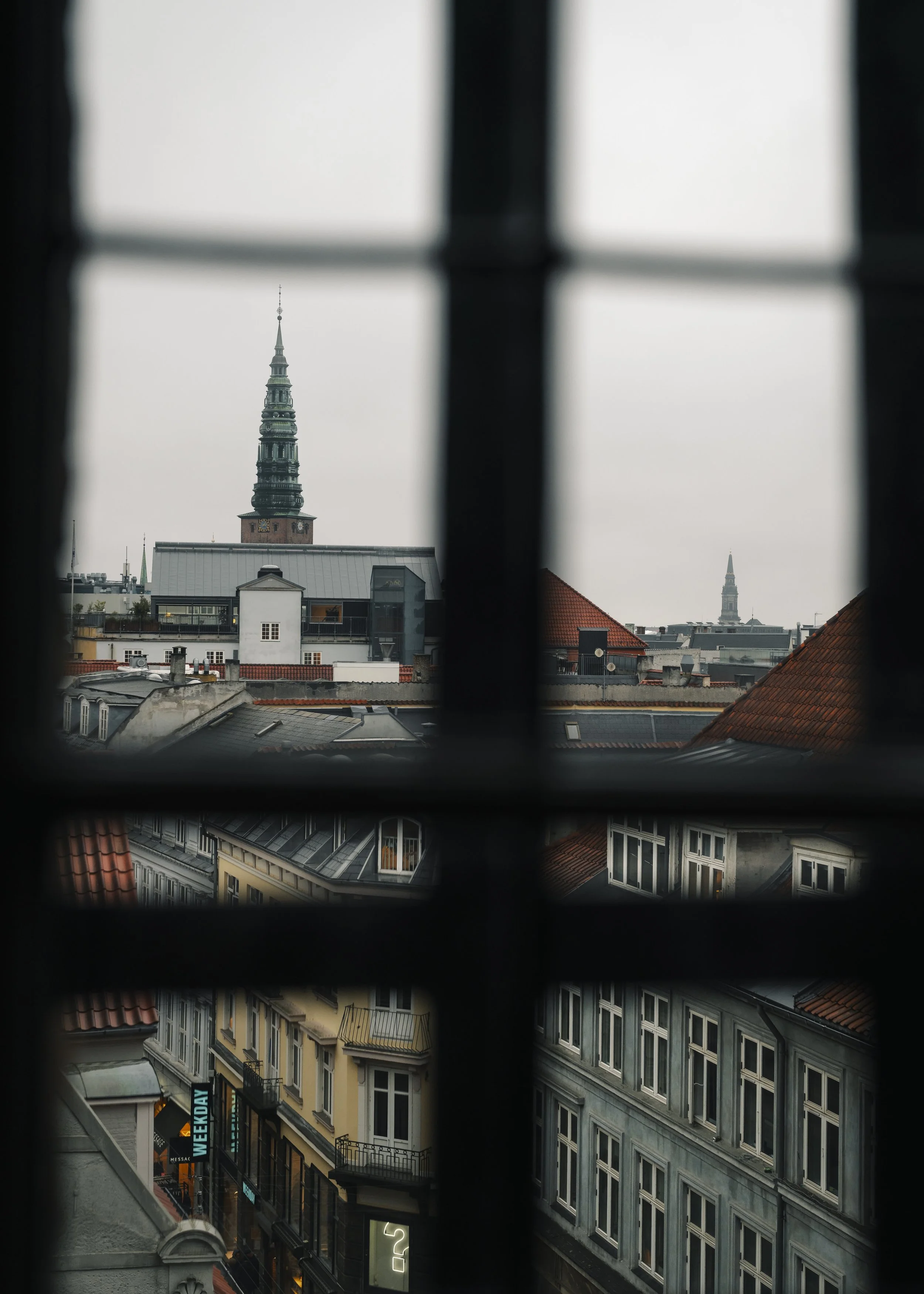 View of city rooftops and buildings through a window with black grid bars, featuring the spire of a church or cathedral in the background on an overcast day.