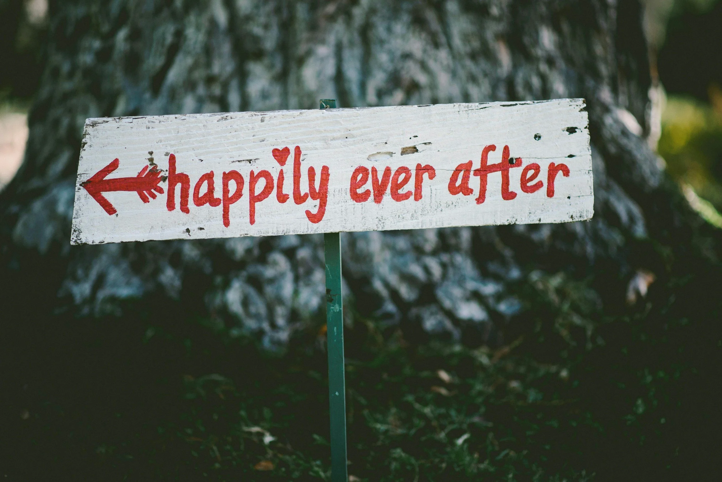 Wooden sign painted white with red text that says "happily ever after" and an arrow pointing left, mounted on a green stake, with a large tree in the background.