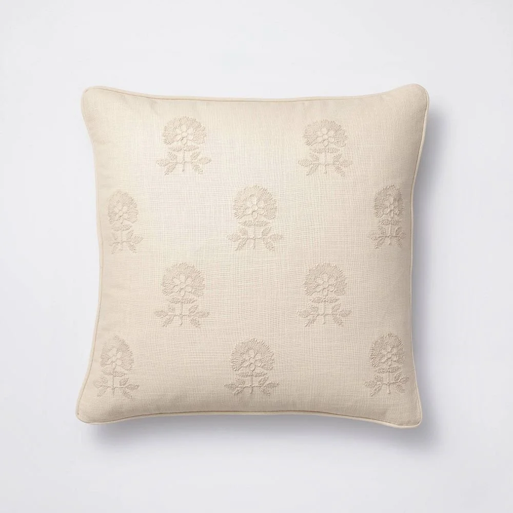 Embroidered Floral Throw Pillow