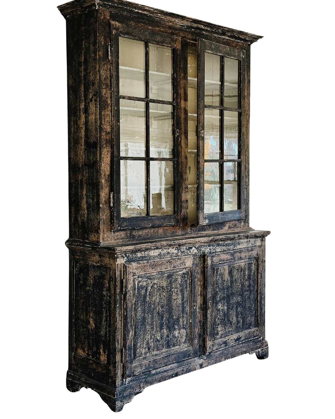 Antique Black Painted French Buffet Deux Corps/Hutch Cabinet