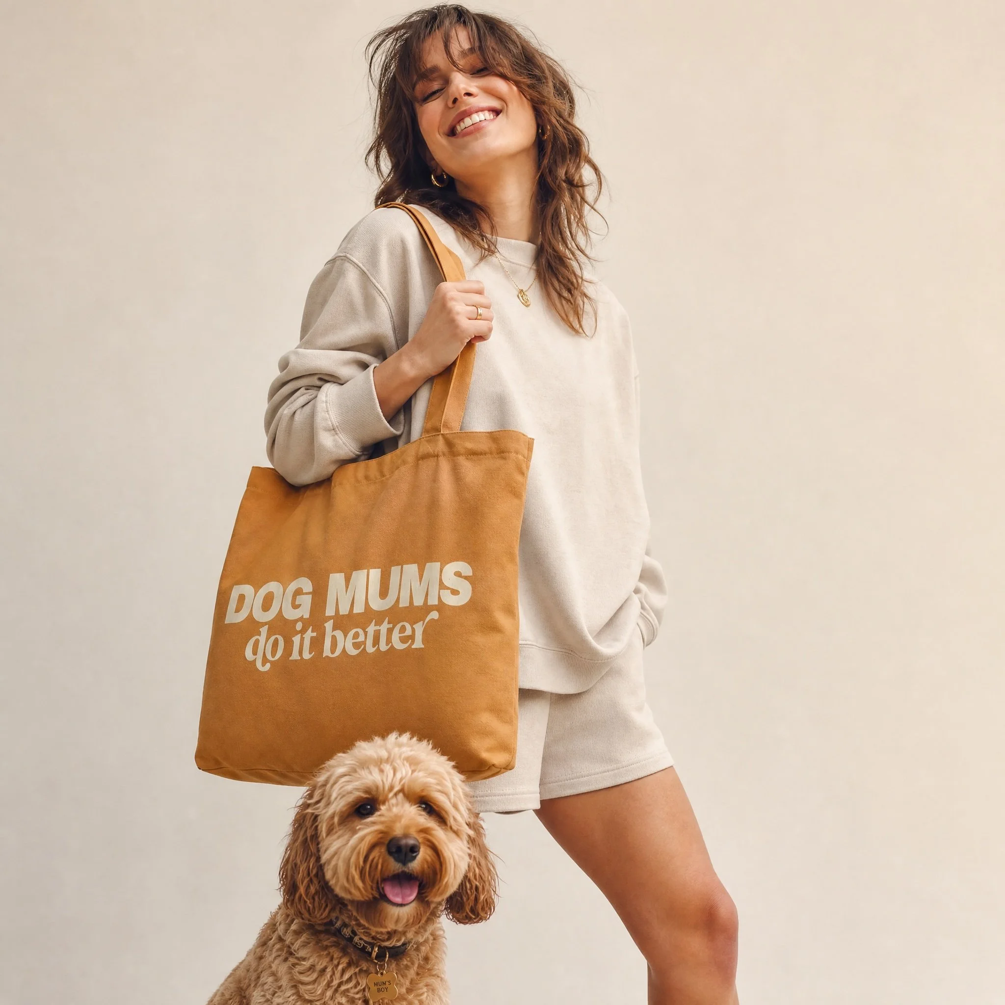 Dog Mums Do it Better Tote in Mustard on Model.jpg