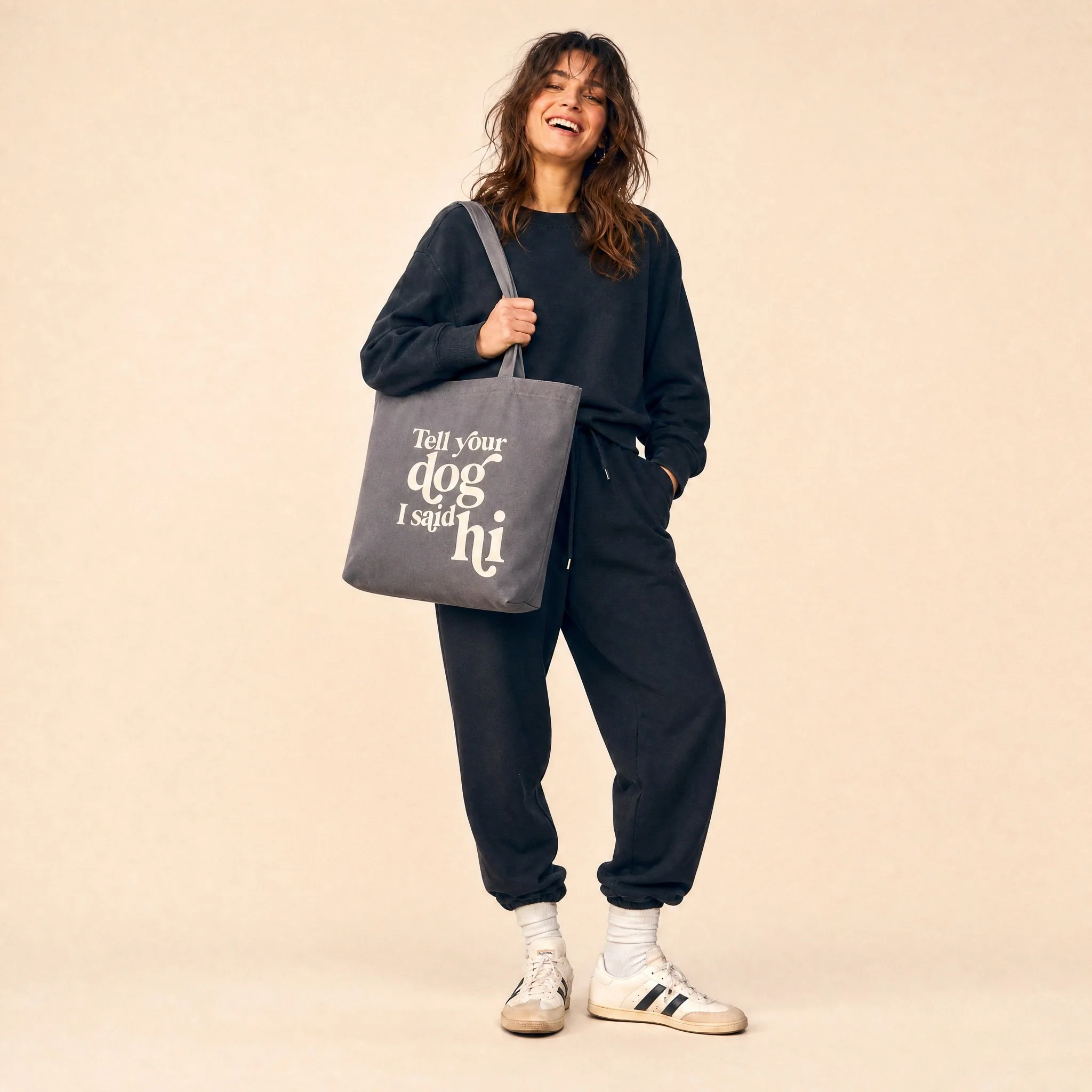 Tell Your Dog Hi Tote in Charcoal on Model.jpg