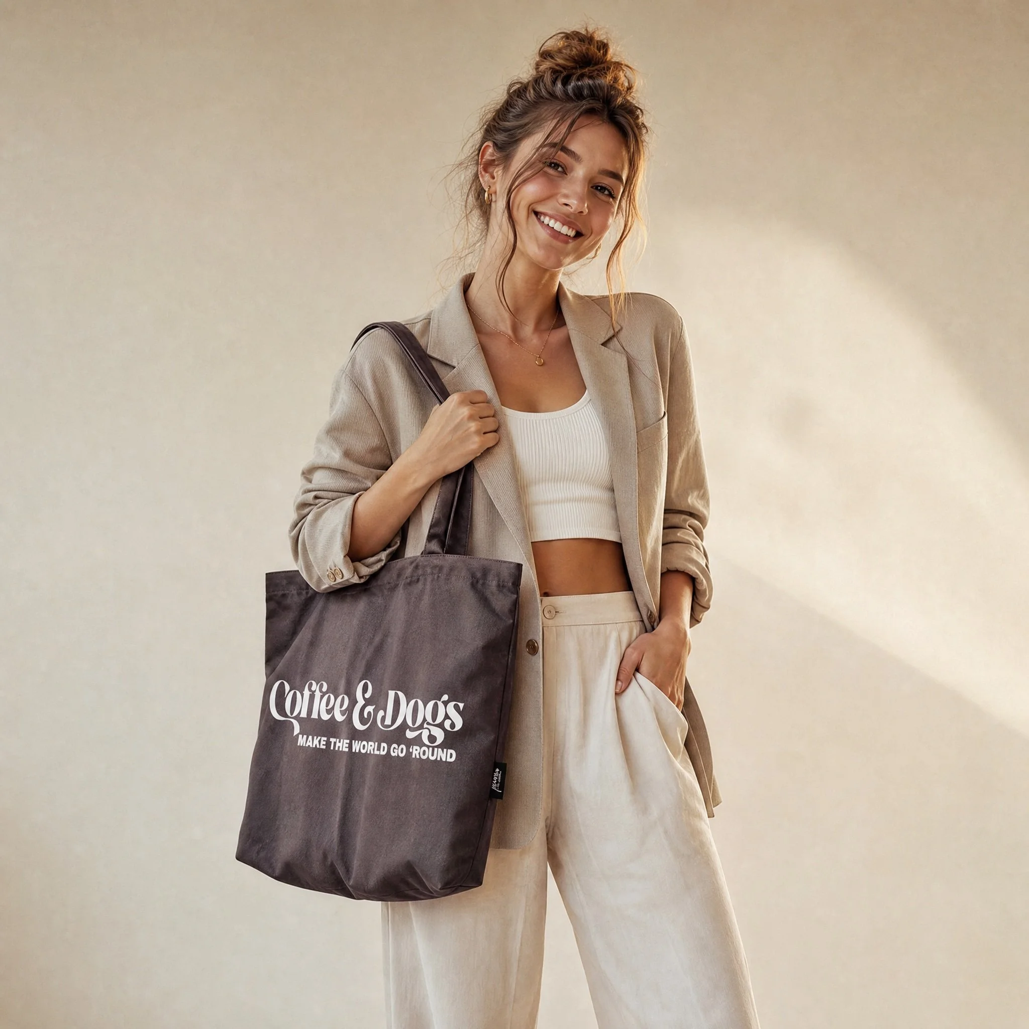 Coffee & Dogs Tote in Chocolate on Model.jpg