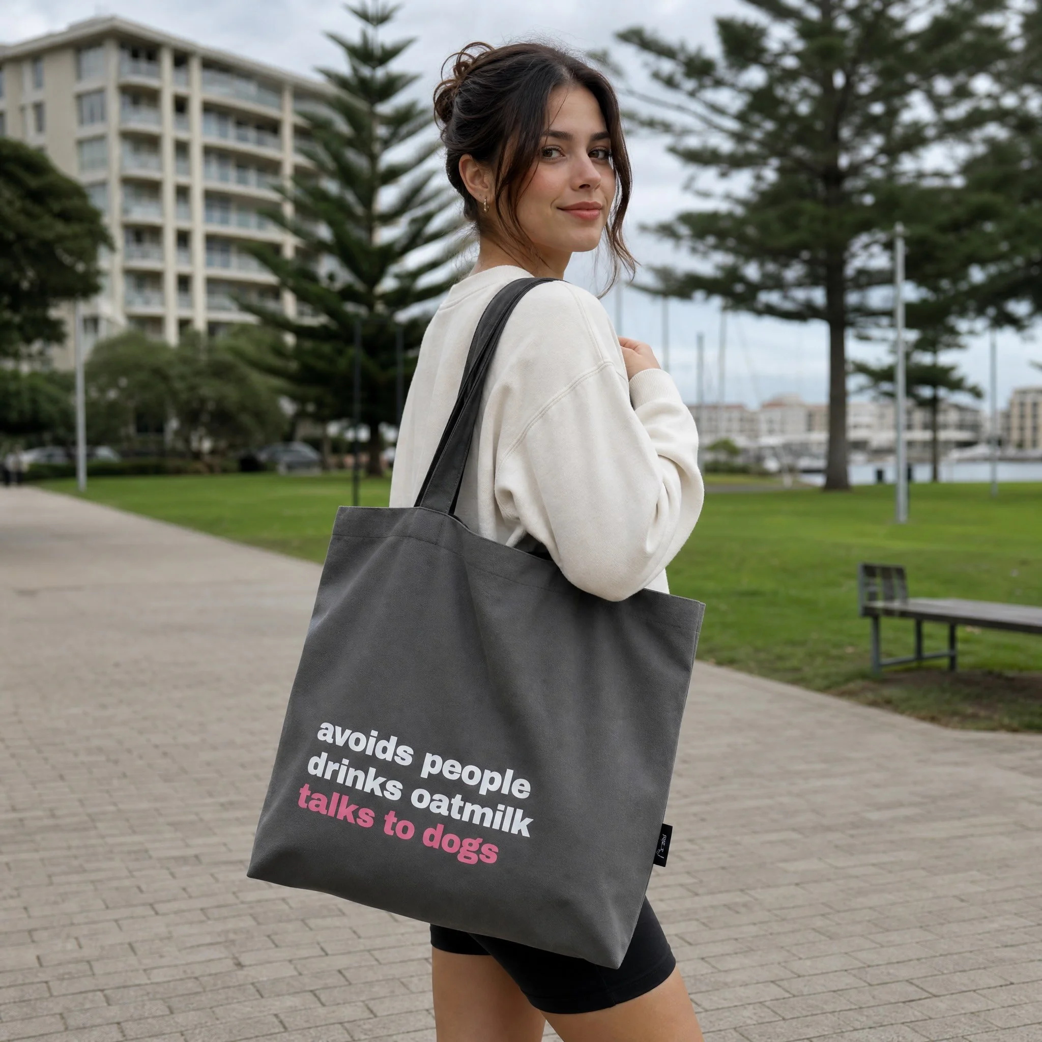 Avoids People Tote in Charcoal on Model.jpg