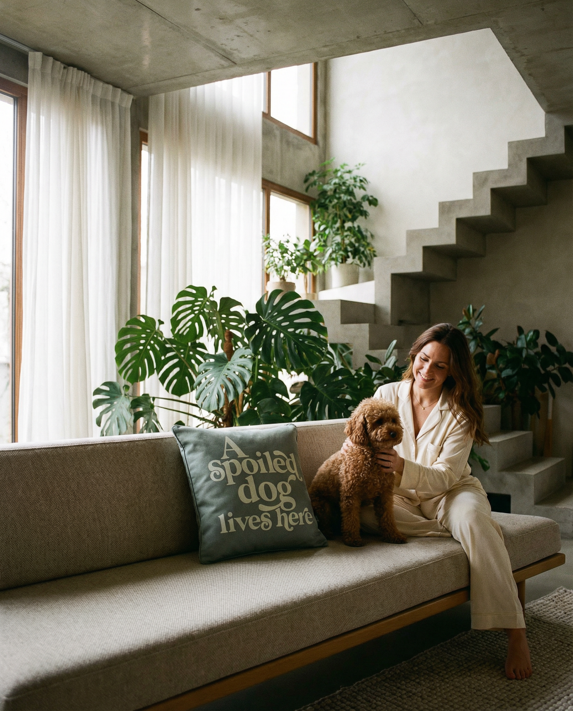 A Spoiled Dog Lives Here Cushion in Sage (Lifestyle).png