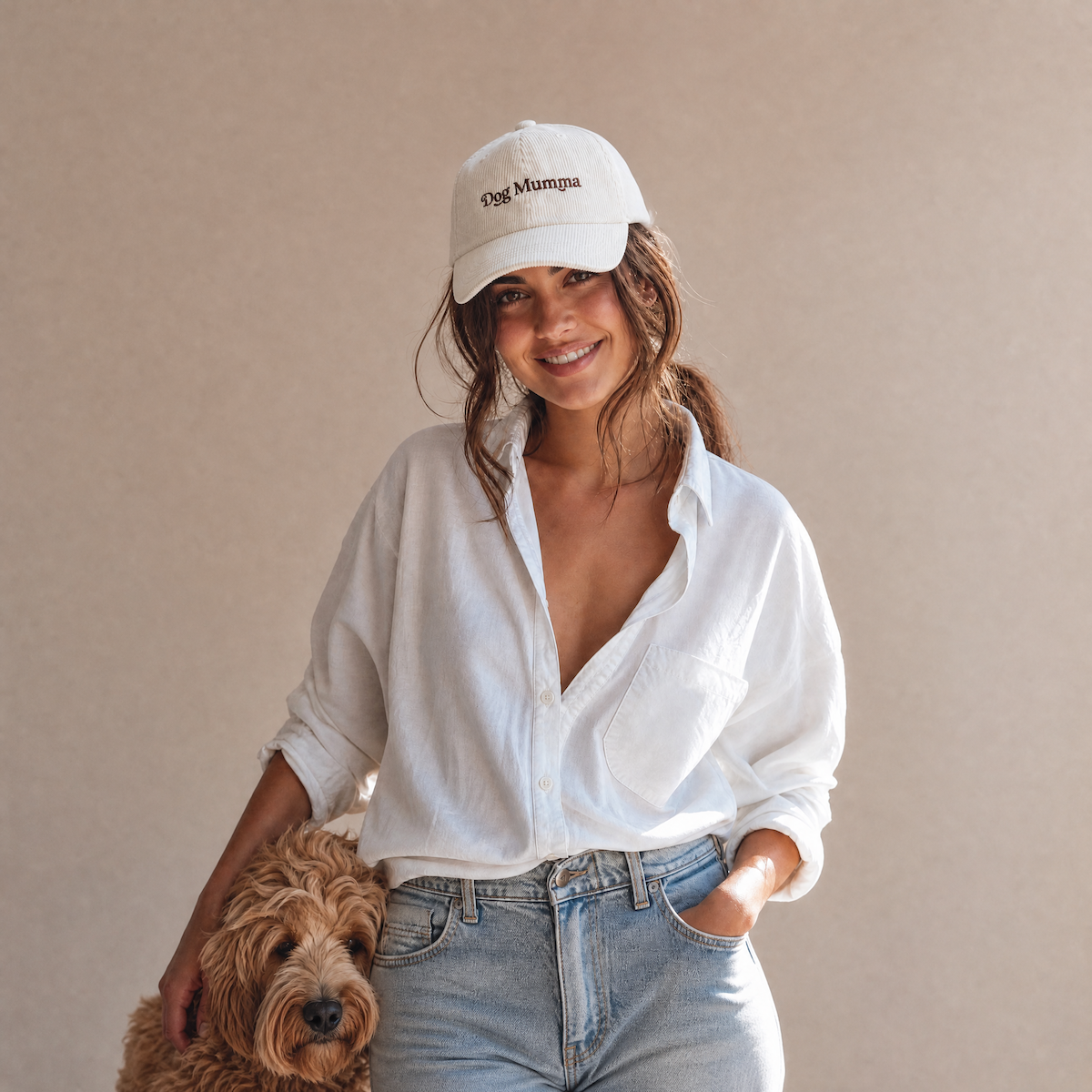 Dog Mumma Cord Cap in Oat colour on Model.png