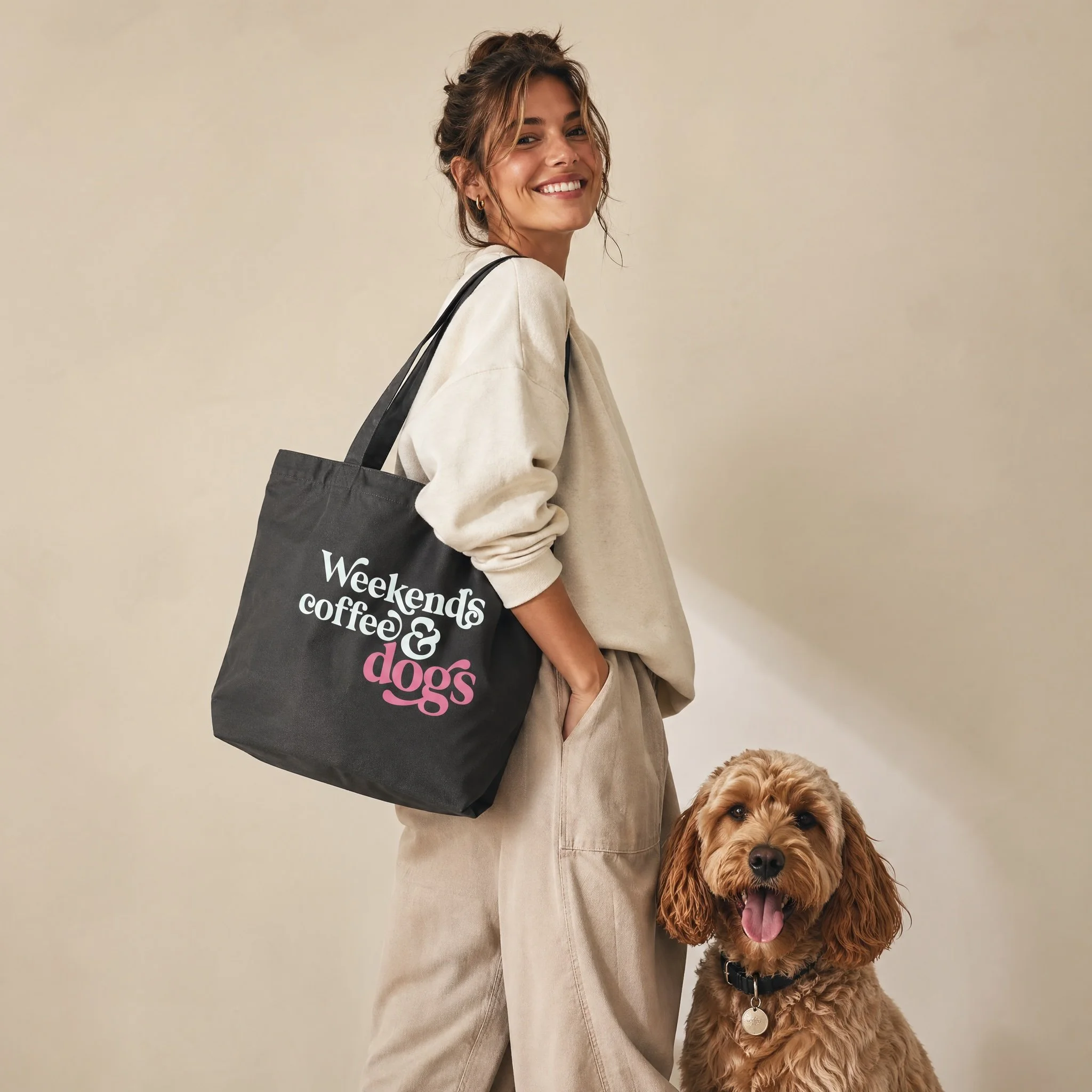 Weekends Coffee & Dogs Tote in Charcoal on Model.jpg