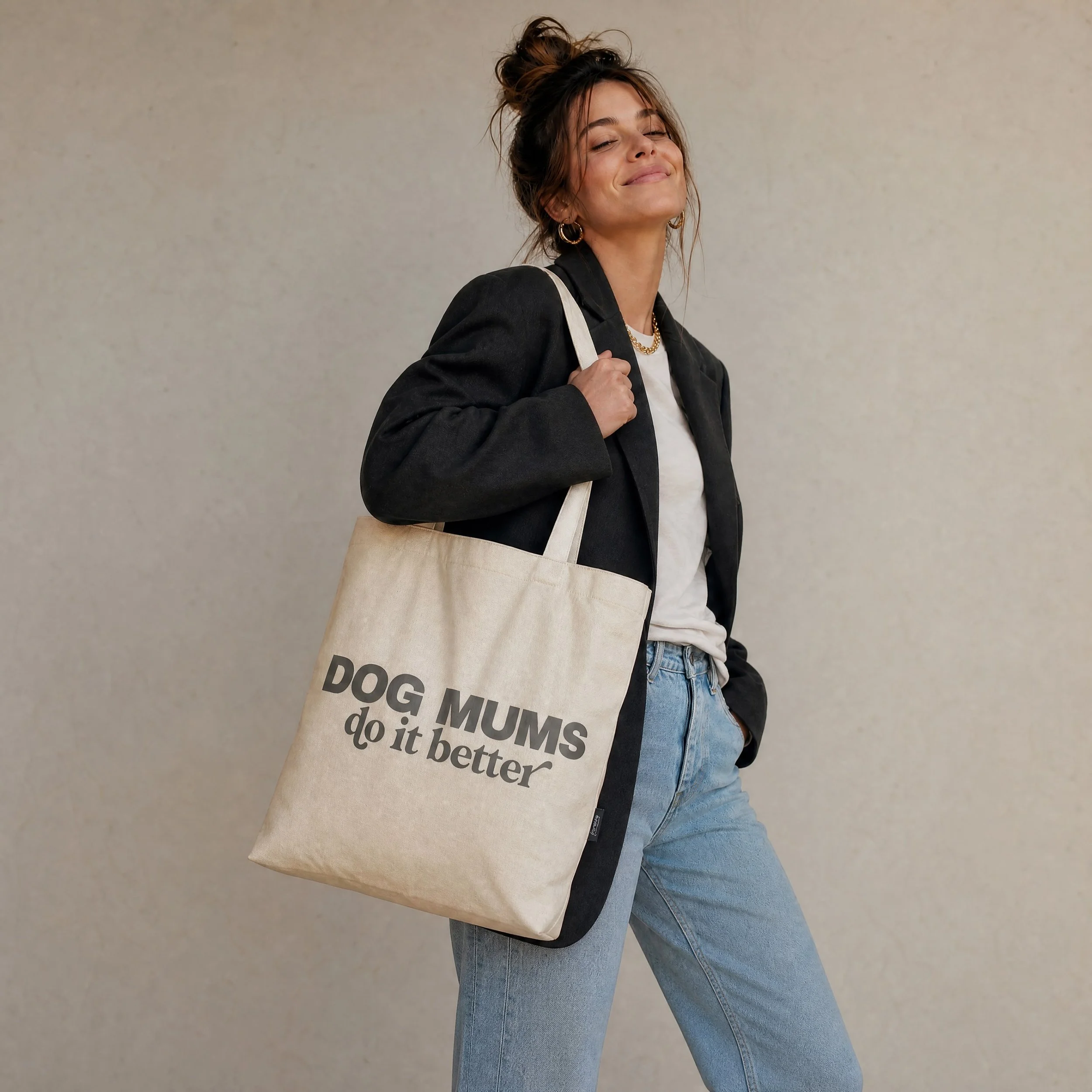 Dog Mums Do it Better Tote in Cream on Model.jpg