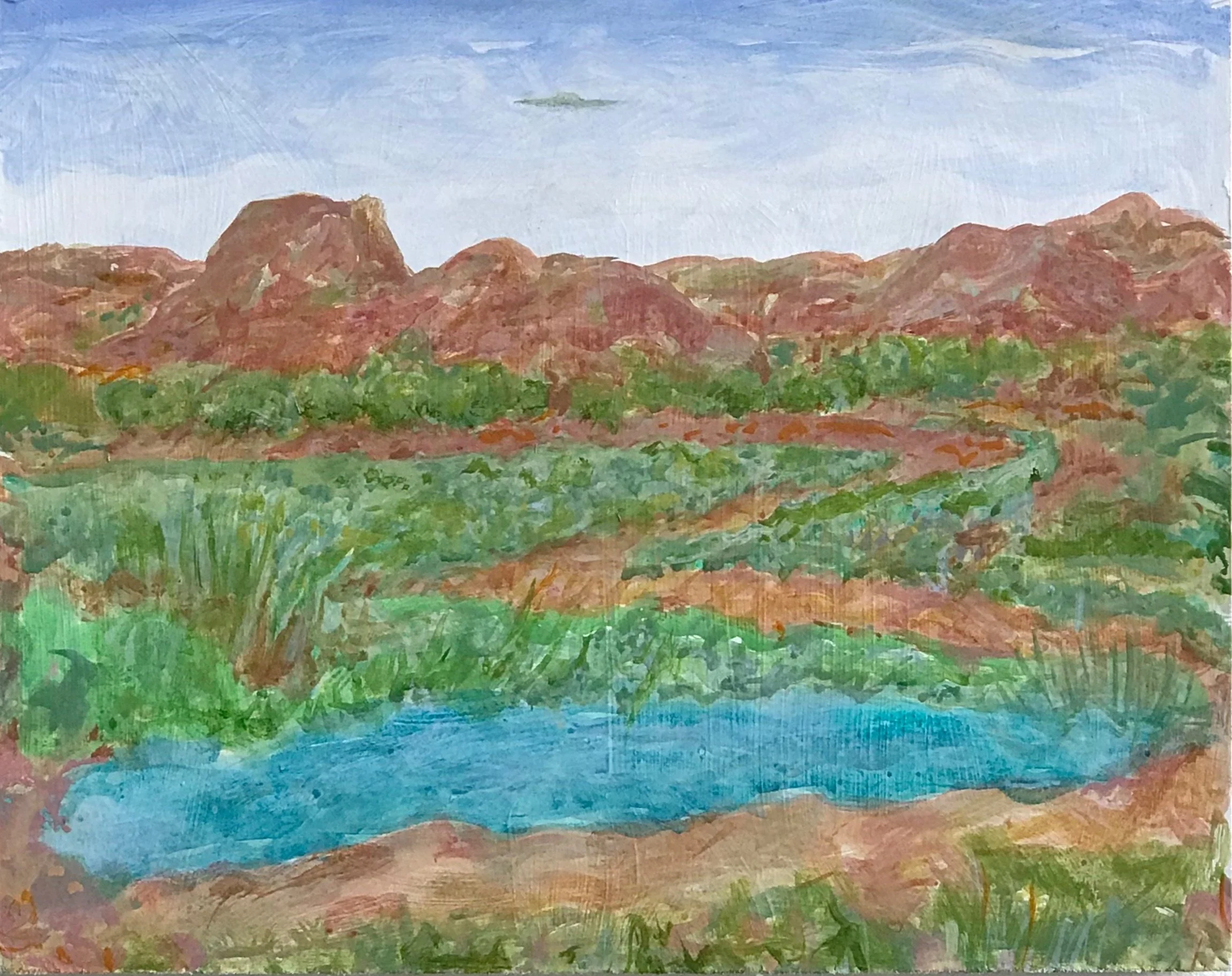 Red Landscape With Saucer. Acrylic on wood panel. 8" x 10"