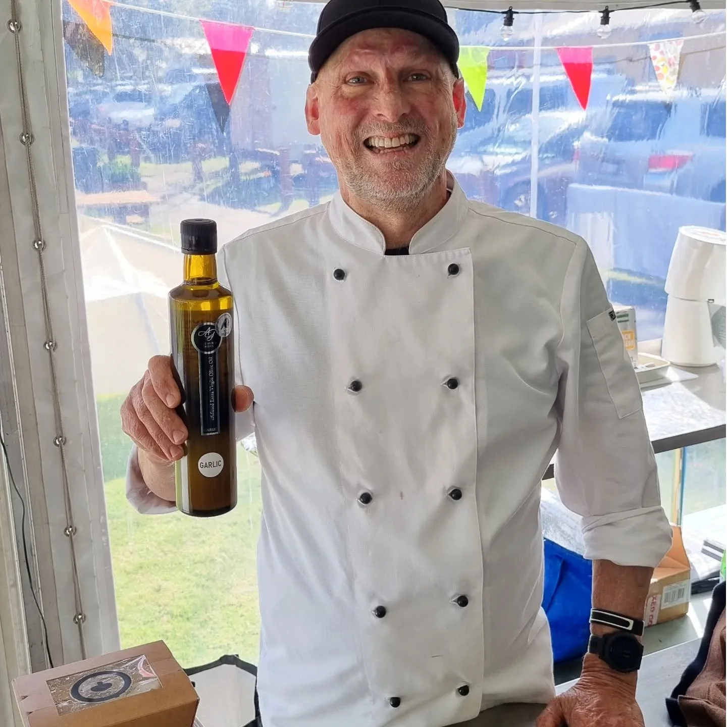 The talented Matt Golinski using our Garlic Olive Oil in his cooking demonstration at the Nannup Flower and Garden Festival!