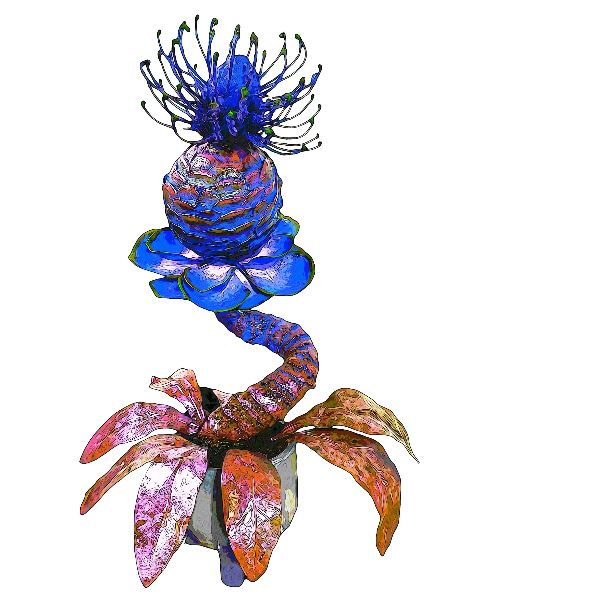 Scale Bloom, Florchromis Scuticarpa.

The Scale Bloom exhibits an almost scaled surface, reminiscent of a bonsai tree's twist, adorned with unique, foam sphere-like structures covered in individual scales, resembling those of a pinecone. At the cente