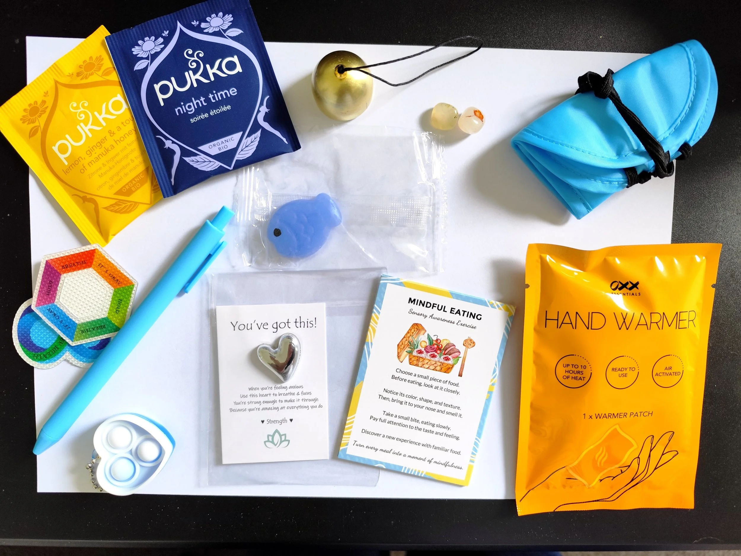 Calming sensory items to use in time of anxiety and stress.