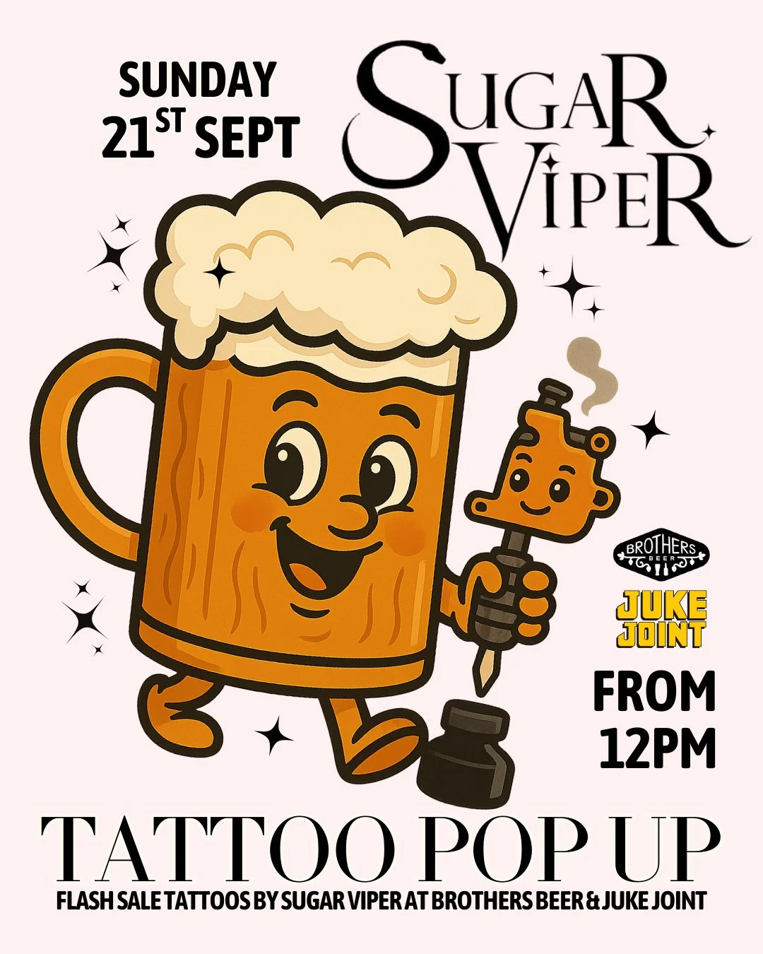 ⚡️Sugar Viper &ndash; Tattoo Pop-Up!⚡️⁠
⁠
Sugar Viper is back! For another tattoo pop-up at Brothers Beer &amp; Juke Joint Mt Eden!⁠
⁠
📅Sunday 21st September⁠
🕛 From 12PM⁠
⁠
Come grab a beer, a bite, and a flash tattoo while vibing out in our laid-