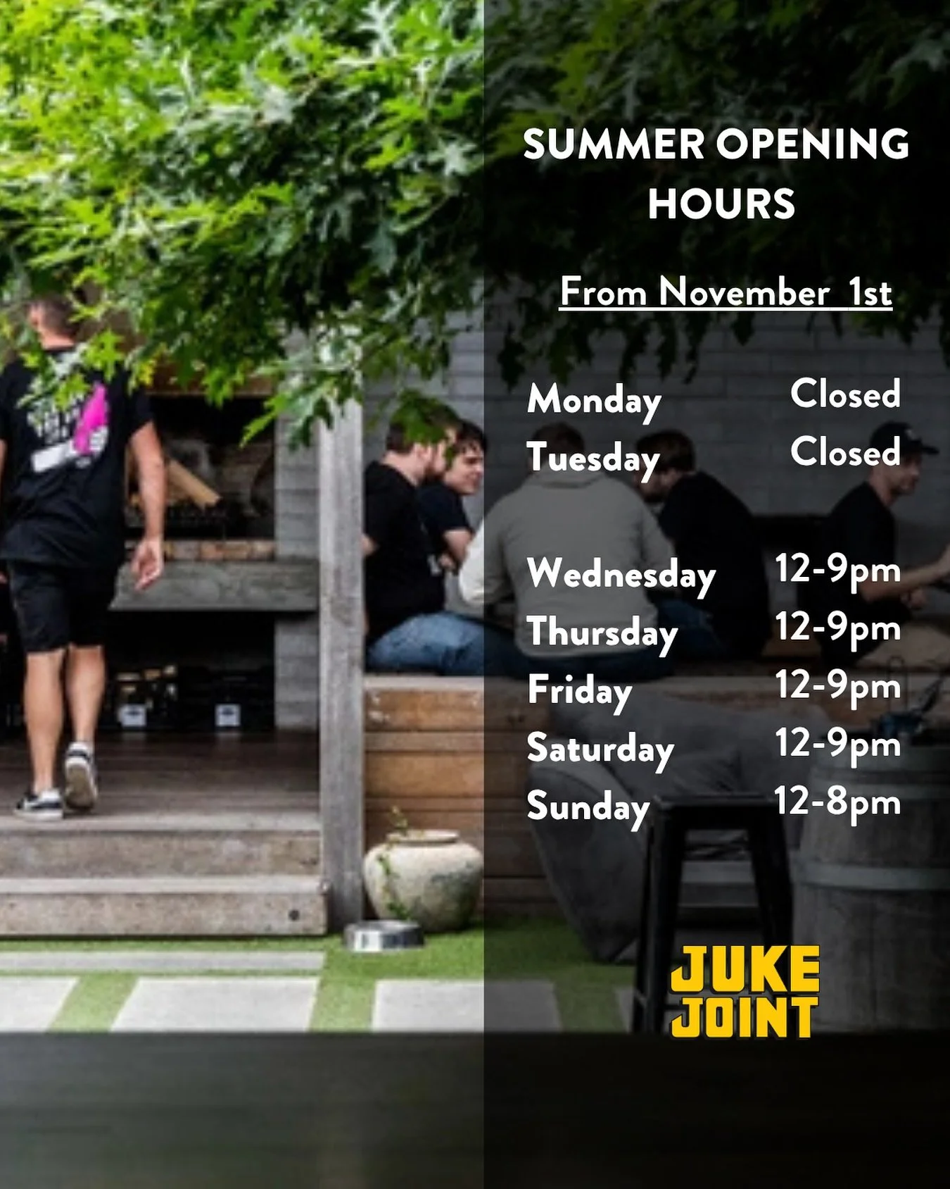 ☀️ Summer Opening Hours:⁠ ⁠ 

Wednesday - 12pm to 9pm⁠ 
Thursday - 12pm to 9pm⁠ 
Friday - 12pm to 9pm⁠ 
Saturday - 12pm to 9pm⁠ 
Sunday - 12pm to 8pm⁠ ⁠ 

Mon &amp; Tues - Closed ⁠ ⁠ 

From November 1st onwards. ⁠ ⁠ 

Cheers to the summer! 🍻😎