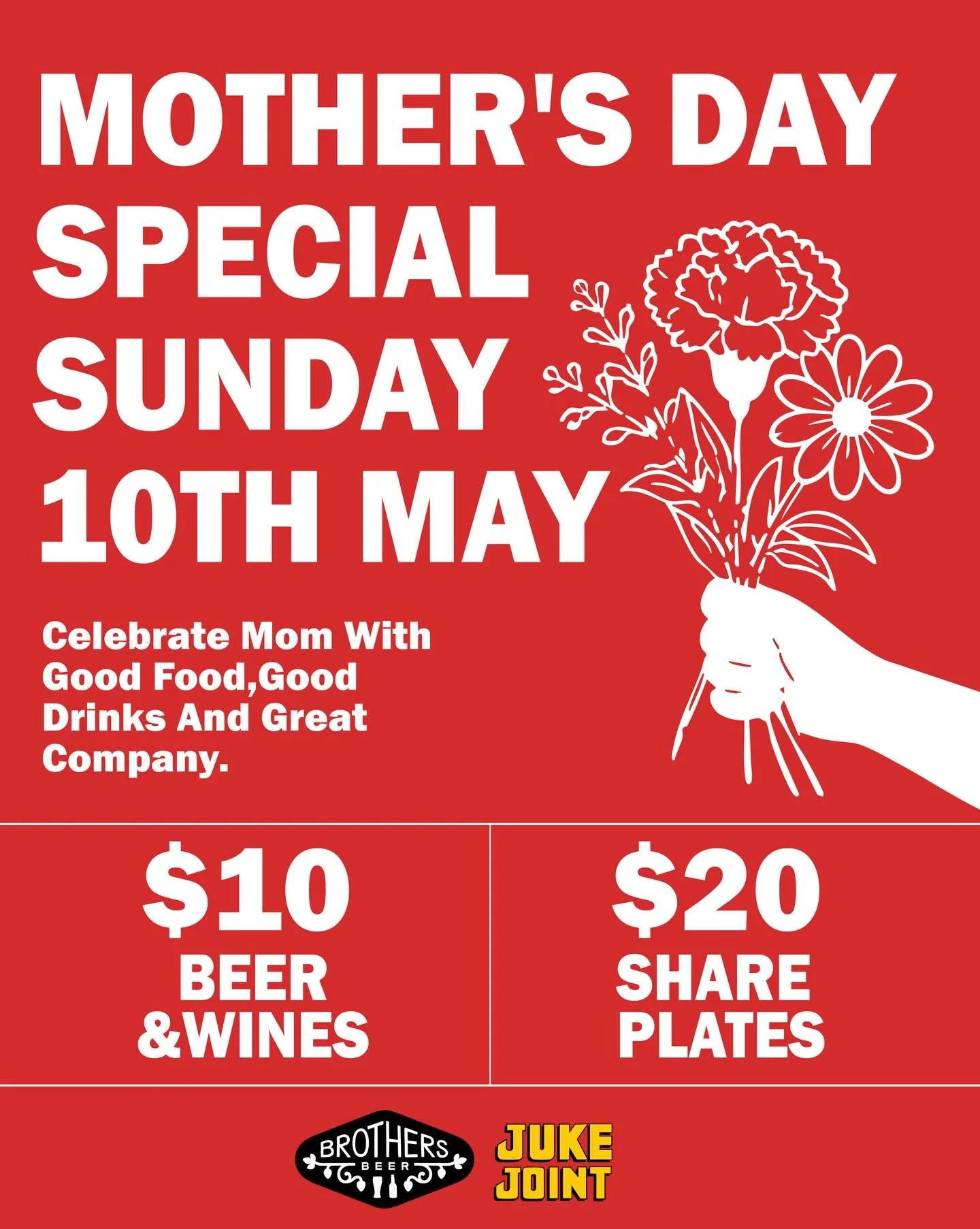 🌸💐 Brothers Beer Mother&rsquo;s Day Special &mdash; Next Sunday!

Celebrate Mum the right way next Sunday, 10th May ❤️

Treat her to an afternoon of great food, good drinks and even better company at Juke Joint 🍷✨

We&rsquo;ll be serving up:
🍺 $1