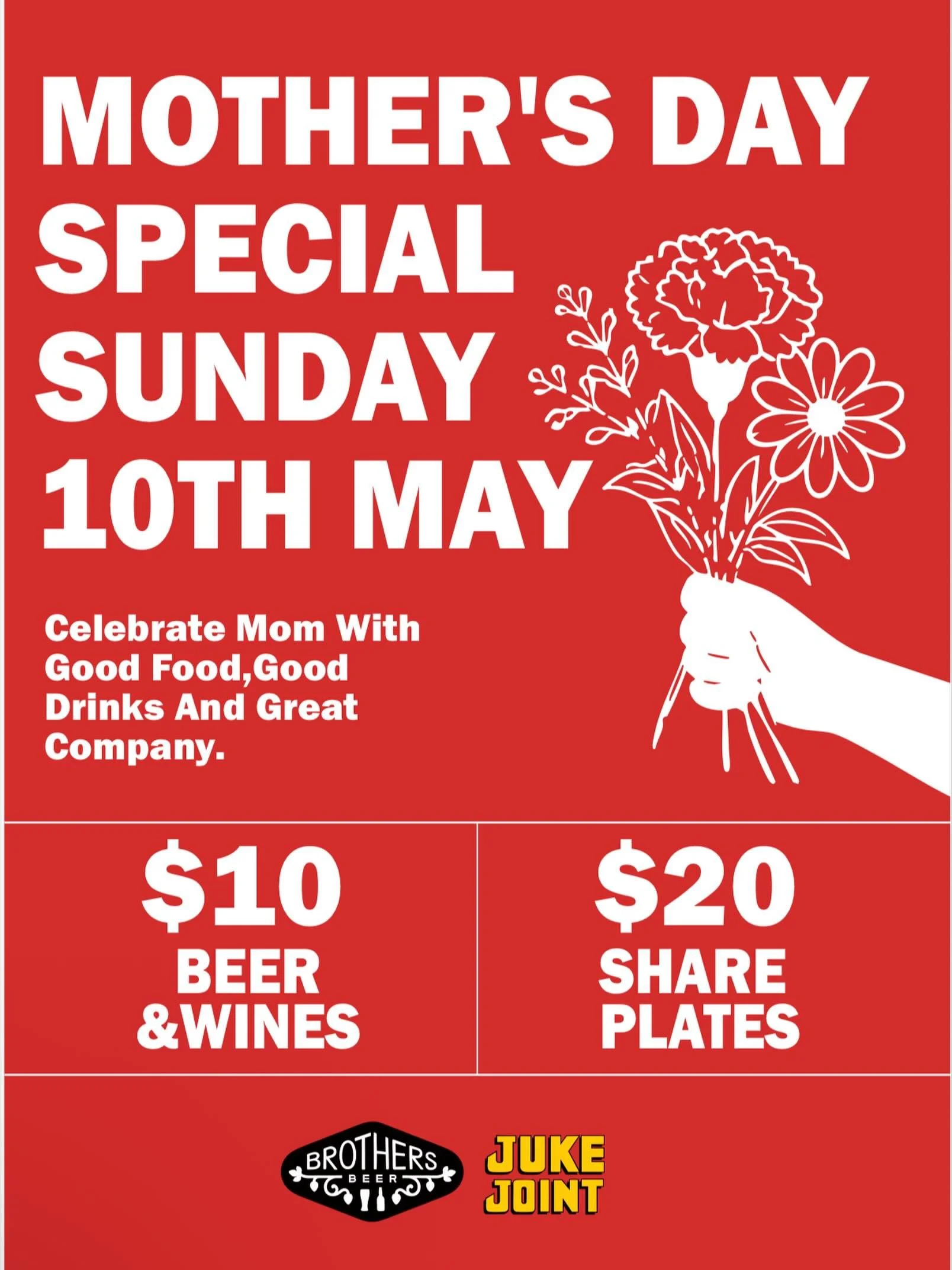 🌸💐 Brothers Beer Mother&rsquo;s Day Special &mdash; This Sunday!

Celebrate Mum the right way this weekend (10th May)! ❤️

Treat her to an afternoon of great food, good drinks and even better company at Juke Joint 🍷✨

We&rsquo;ll be serving up:
🍺
