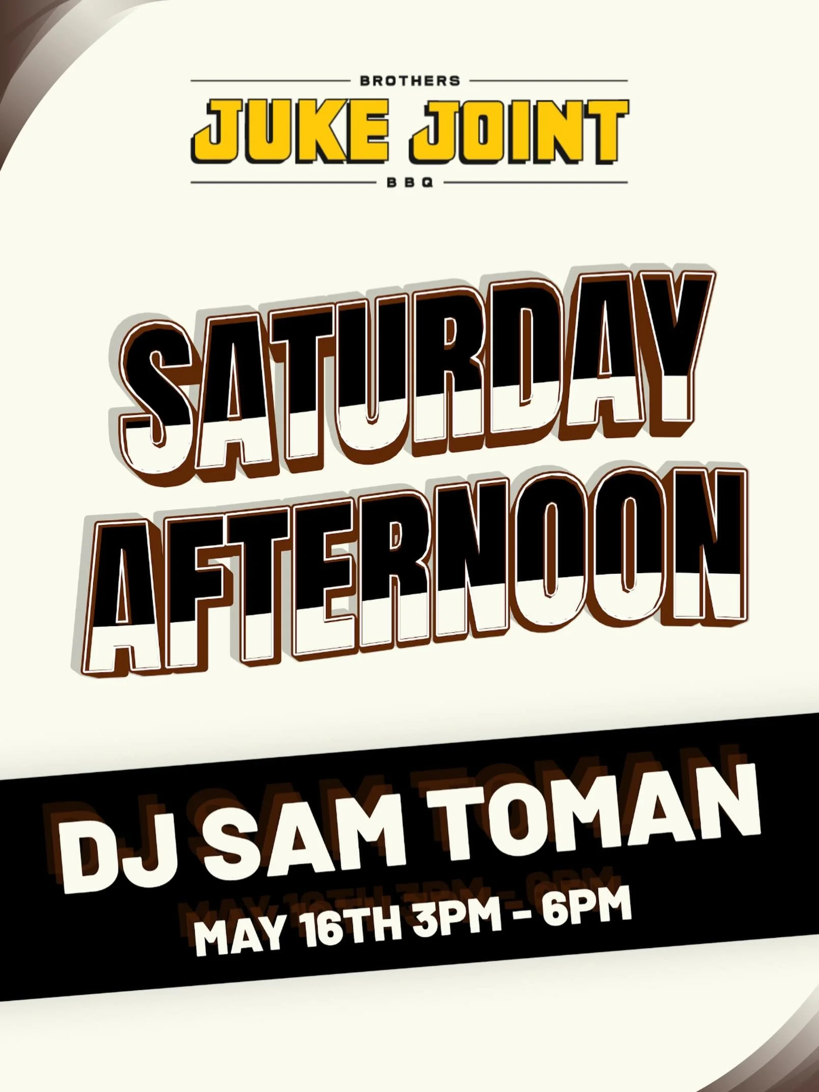 🍻 SATURDAY AFTERNOON VIBES ARE HERE!
DJ Sam Toman is taking over the decks at Brothers Juke Joint BBQ this Saturday, May 16th from 3pm-6pm!

Good tunes, cold drinks, and that classic BBQ heat &mdash; what more could you want?
Tag your crew who&rsquo